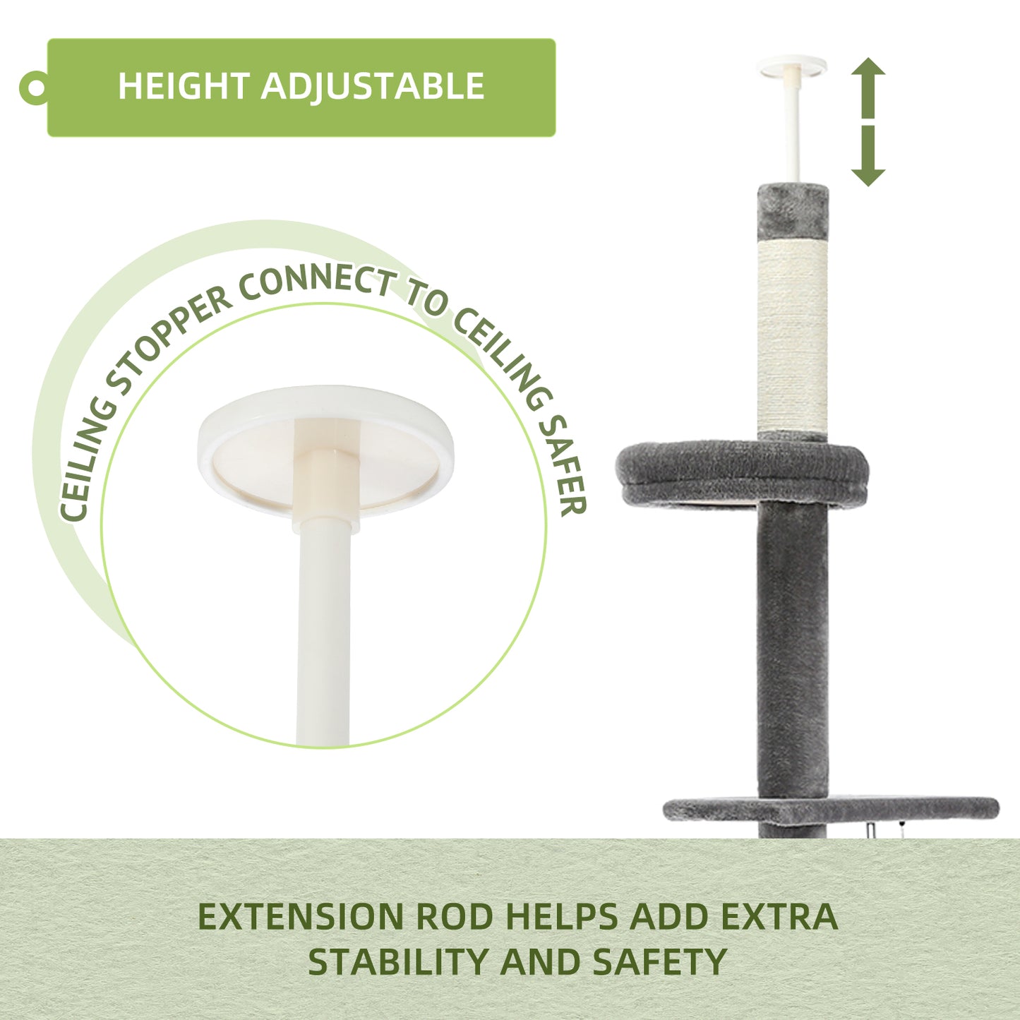 Árbol rascador XXL hasta el techo con montaje en pared | 5 niveles | Altura ajustable 228~274cm (89,8~107,9 pulgadas) | Postes de sisal natural extra gruesos | Cojines para dormir acogedores | Juguetes colgantes | Para razas de gatos grandes