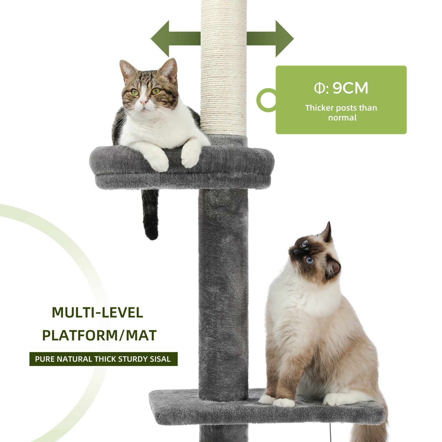 Árbol rascador XXL hasta el techo con montaje en pared | 5 niveles | Altura ajustable 228~274cm (89,8~107,9 pulgadas) | Postes de sisal natural extra gruesos | Cojines para dormir acogedores | Juguetes colgantes | Para razas de gatos grandes