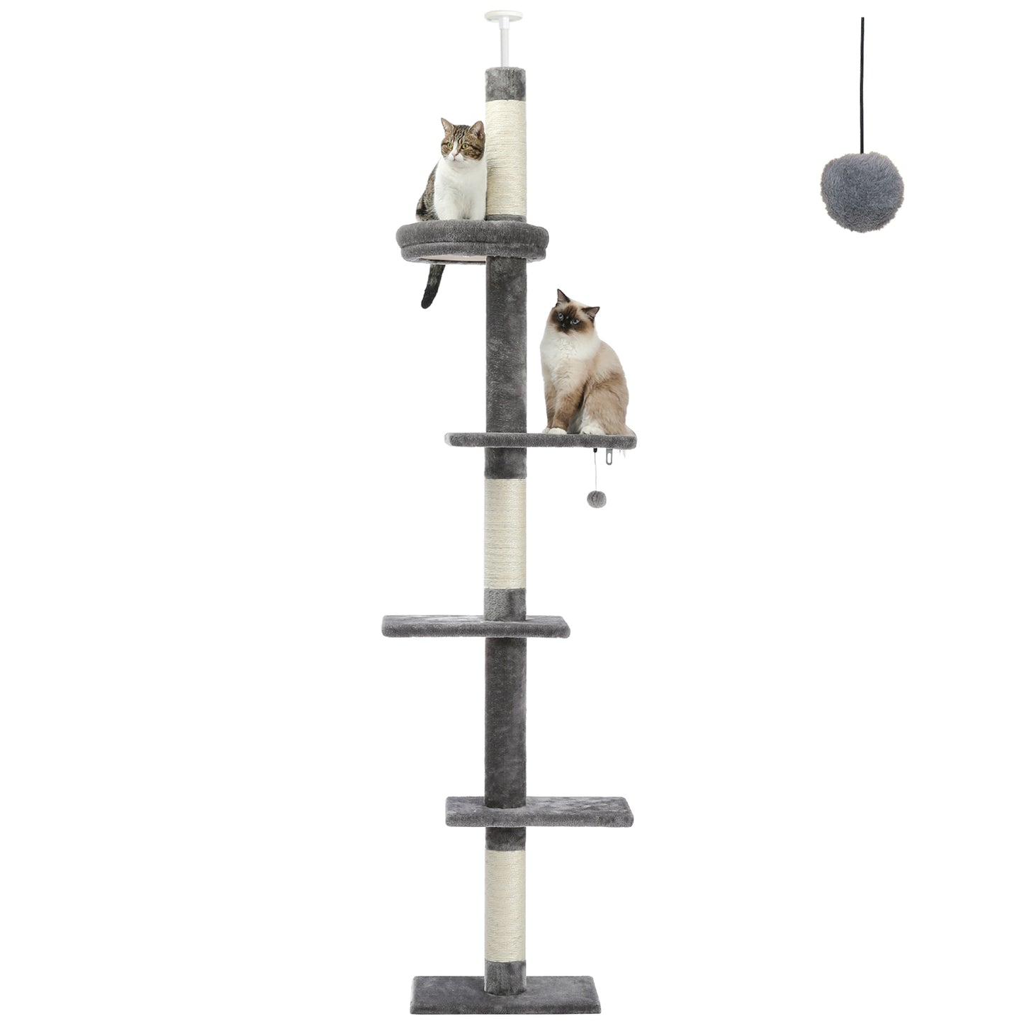 Árbol rascador XXL hasta el techo con montaje en pared | 5 niveles | Altura ajustable 228~274cm (89,8~107,9 pulgadas) | Postes de sisal natural extra gruesos | Cojines para dormir acogedores | Juguetes colgantes | Para razas de gatos grandes