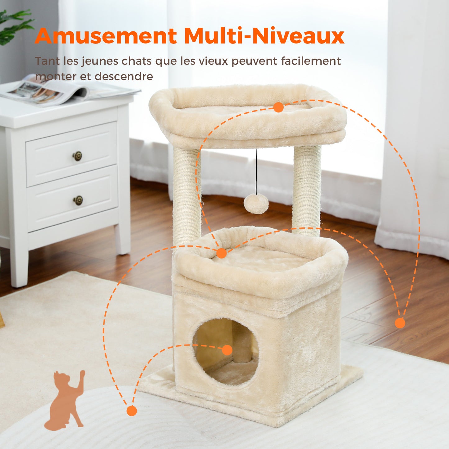 Tiragraffi moderno a più livelli | Altezza 60 cm (23,6 pollici) | Piattaforme in morbido peluche + robusti tiragraffi | Design salvaspazio | Per gattini e gatti adulti