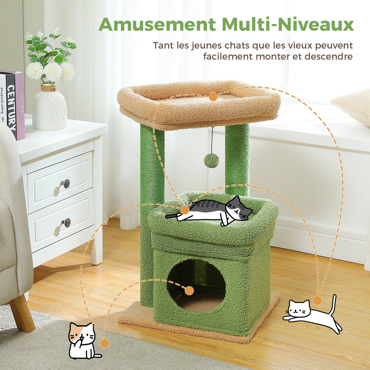 Tiragraffi moderno a più livelli | Altezza 60 cm (23,6 pollici) | Piattaforme in morbido peluche + robusti tiragraffi | Design salvaspazio | Per gattini e gatti adulti