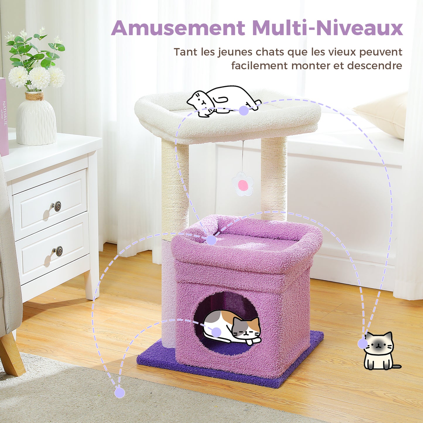 Tiragraffi moderno a più livelli | Altezza 60 cm (23,6 pollici) | Piattaforme in morbido peluche + robusti tiragraffi | Design salvaspazio | Per gattini e gatti adulti