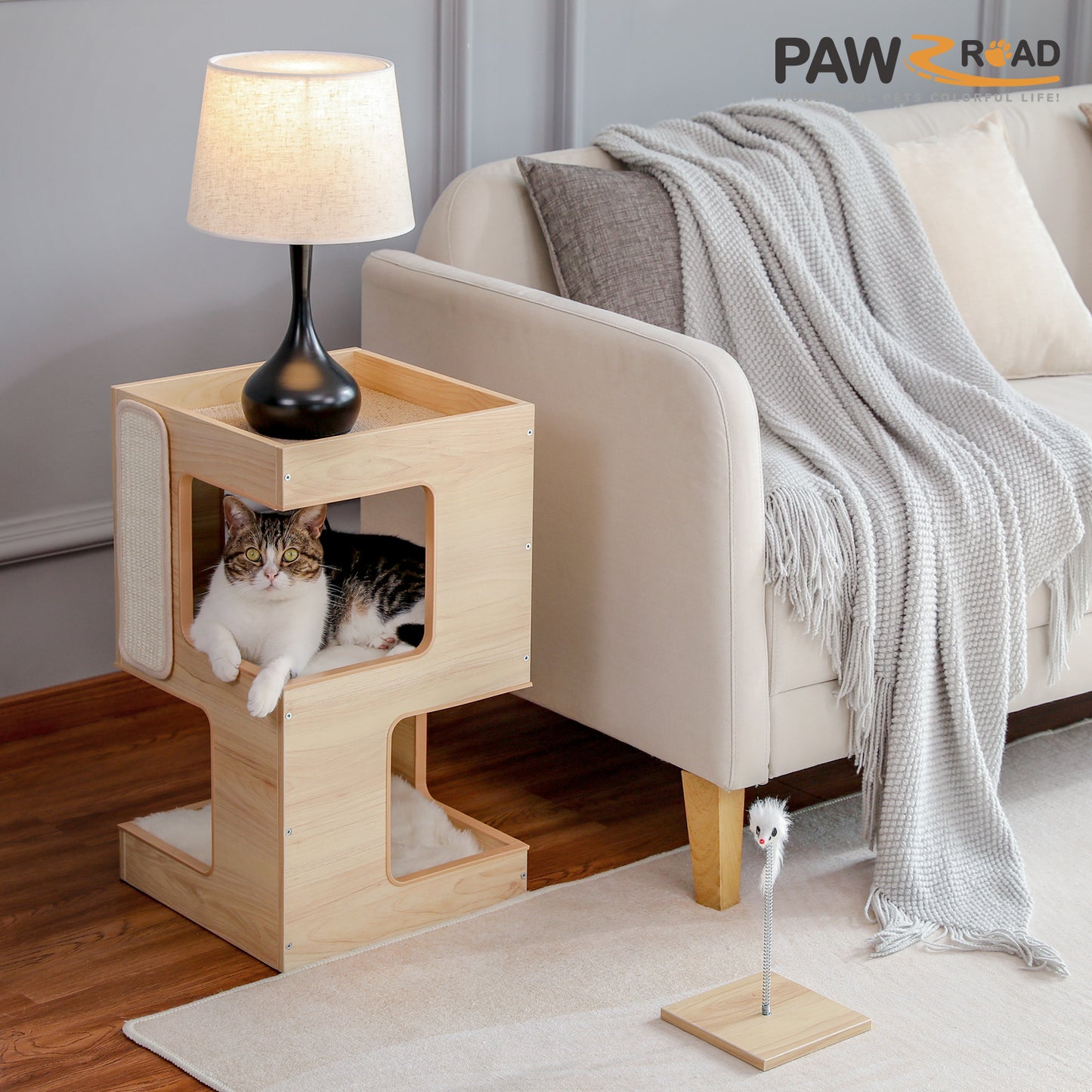 PAWZ Road Cat Villa | Padded resting areas | Modern multi-level cat home | With scratching post, sisal mat & play balls | Ideal for indoor cats