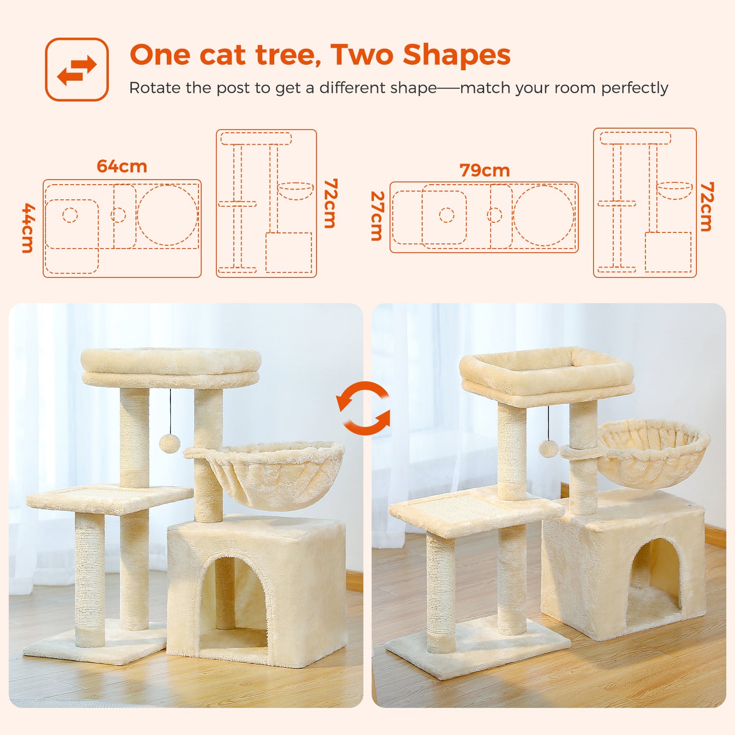 PAWZ Road Premium Cat Tree Paradise Tower | 106 cm | Cuddle Cave | Robust Sisal Scratching Posts