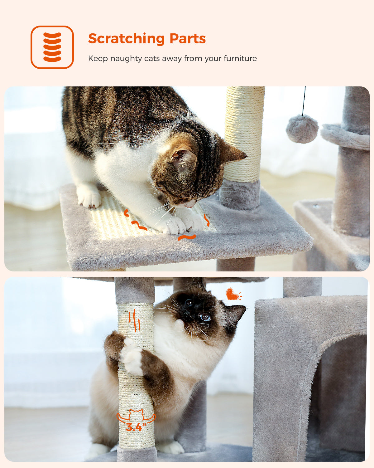 PAWZ Road Premium Cat Tree Paradise Tower | 106 cm | Cuddle Cave | Robust Sisal Scratching Posts