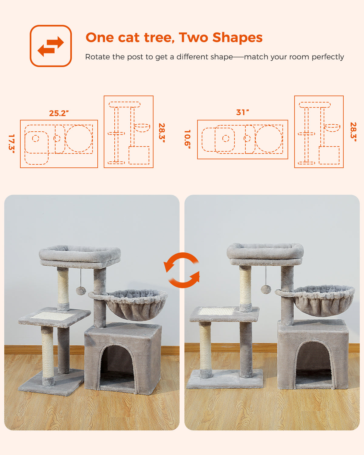 PAWZ Road Premium Cat Tree Paradise Tower | 106 cm | Cuddle Cave | Robust Sisal Scratching Posts