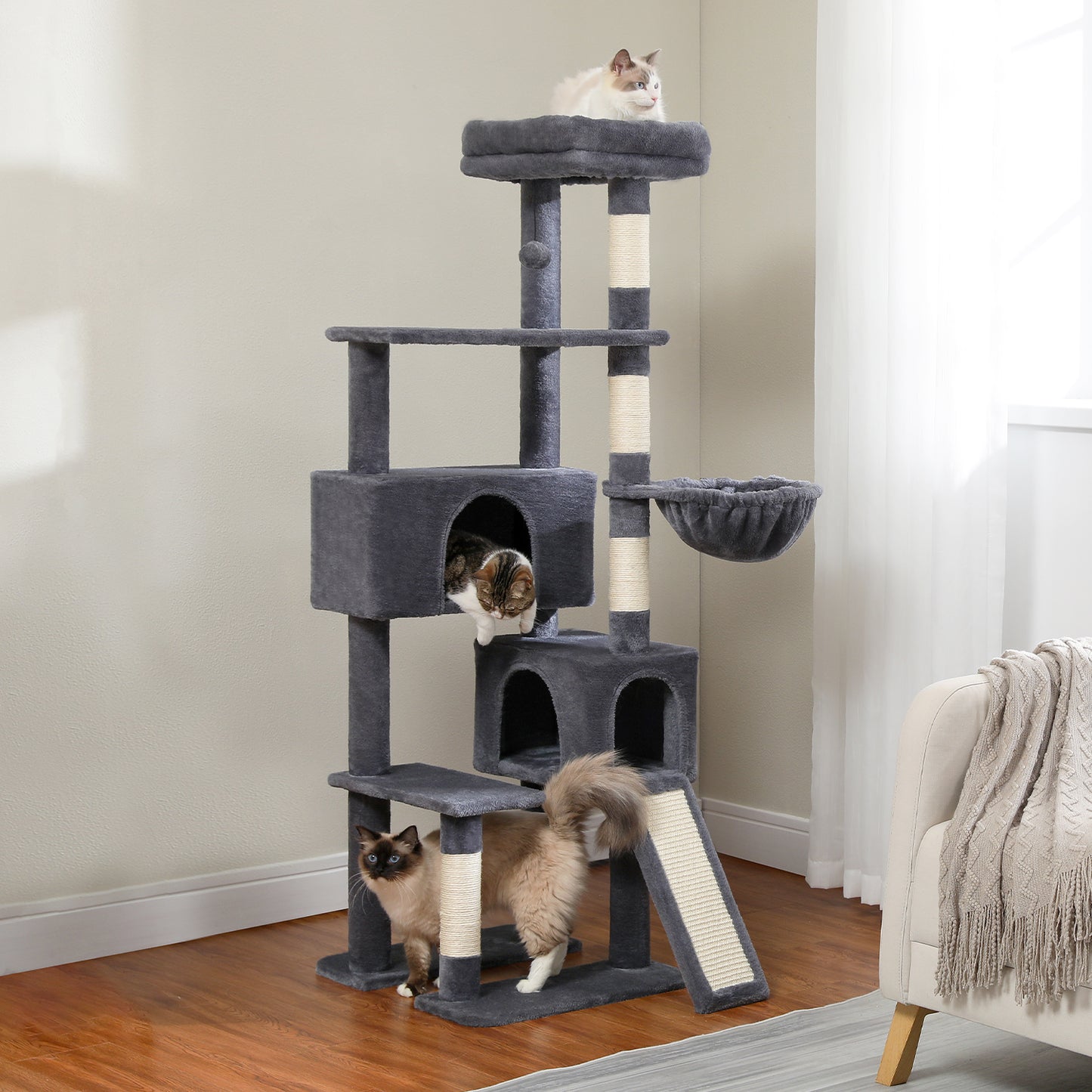 Albero per gatti PAWZ Road, torre per gatti da 60 pollici (152 cm) | con due cucce | piattaforma spaziosa | cestino accogliente | tiragraffi rivestiti in sisal