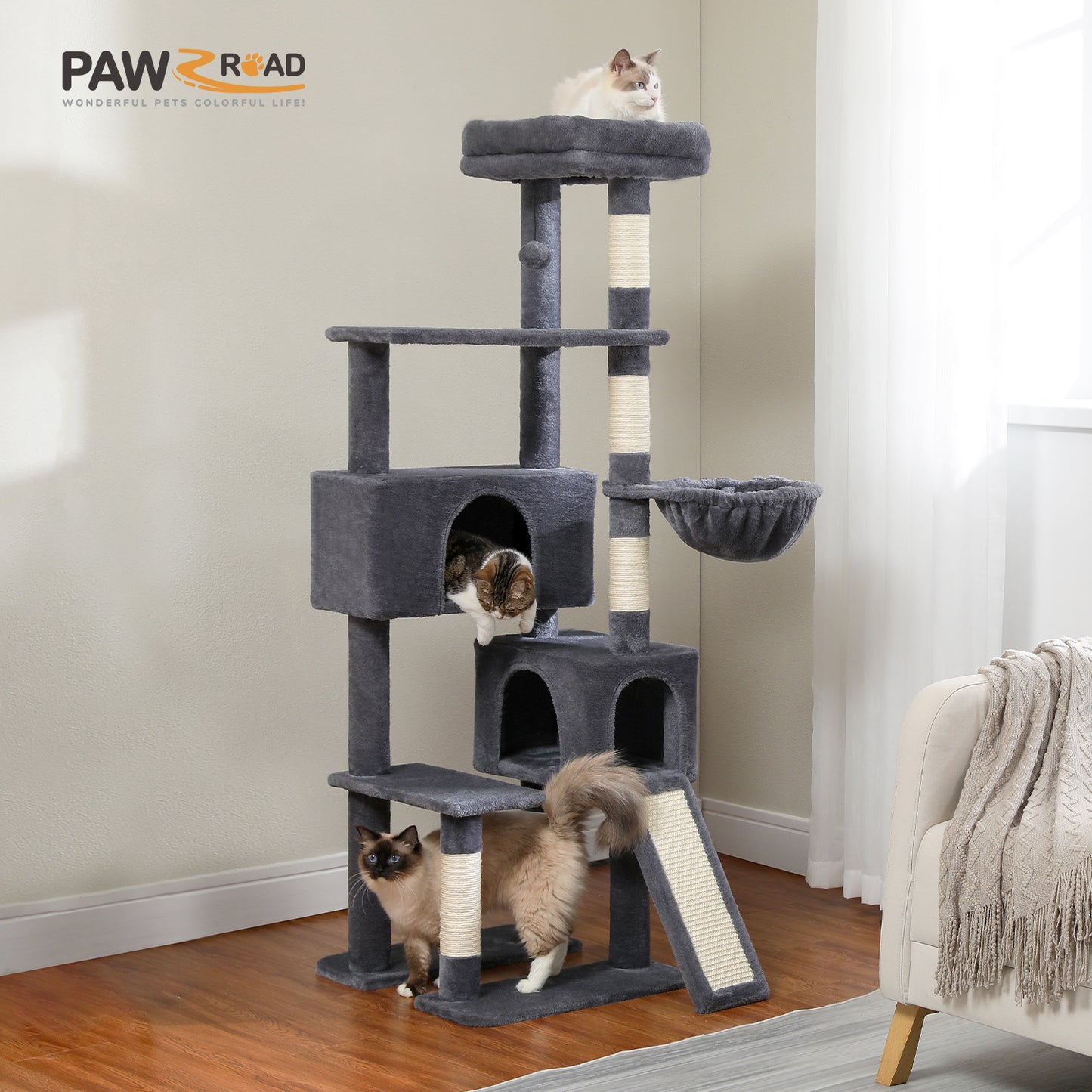 Albero per gatti PAWZ Road, torre per gatti da 60 pollici (152 cm) | con due cucce | piattaforma spaziosa | cestino accogliente | tiragraffi rivestiti in sisal