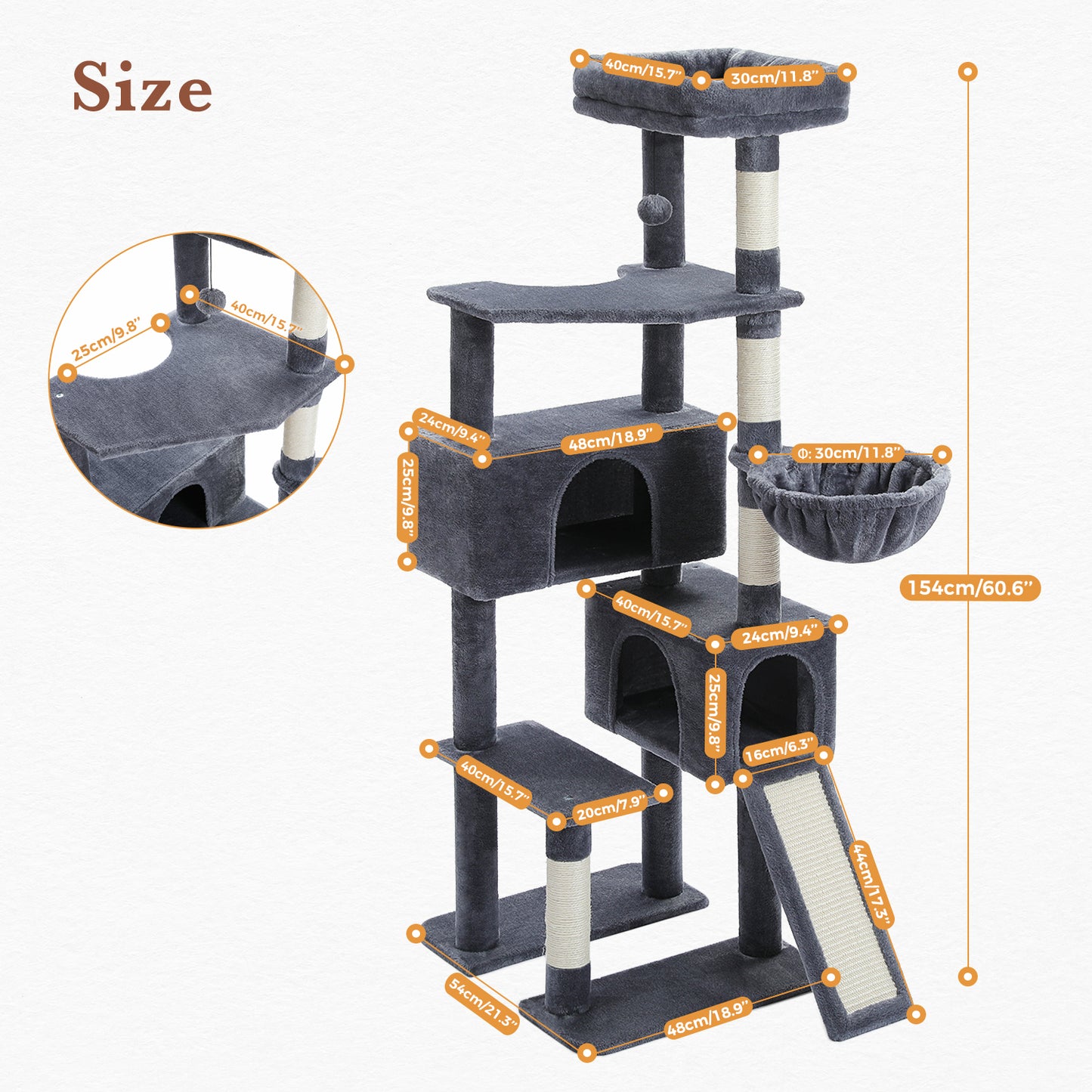 Albero per gatti PAWZ Road, torre per gatti da 60 pollici (152 cm) | con due cucce | piattaforma spaziosa | cestino accogliente | tiragraffi rivestiti in sisal