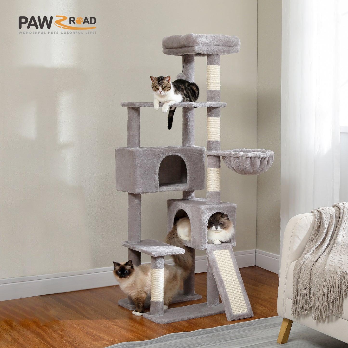 Albero per gatti PAWZ Road, torre per gatti da 60 pollici (152 cm) | con due cucce | piattaforma spaziosa | cestino accogliente | tiragraffi rivestiti in sisal