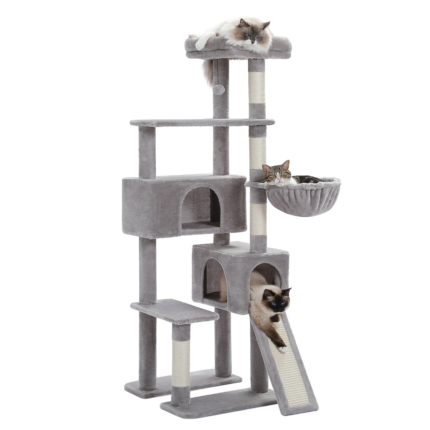 PAWZ Road Katzenbaum, 60 Zoll (152 cm) Katzenturm | mit zwei Schlafhäuschen | geräumiger Plattform | gemütlichem Korb | sisalbezogenen Kratzpfosten