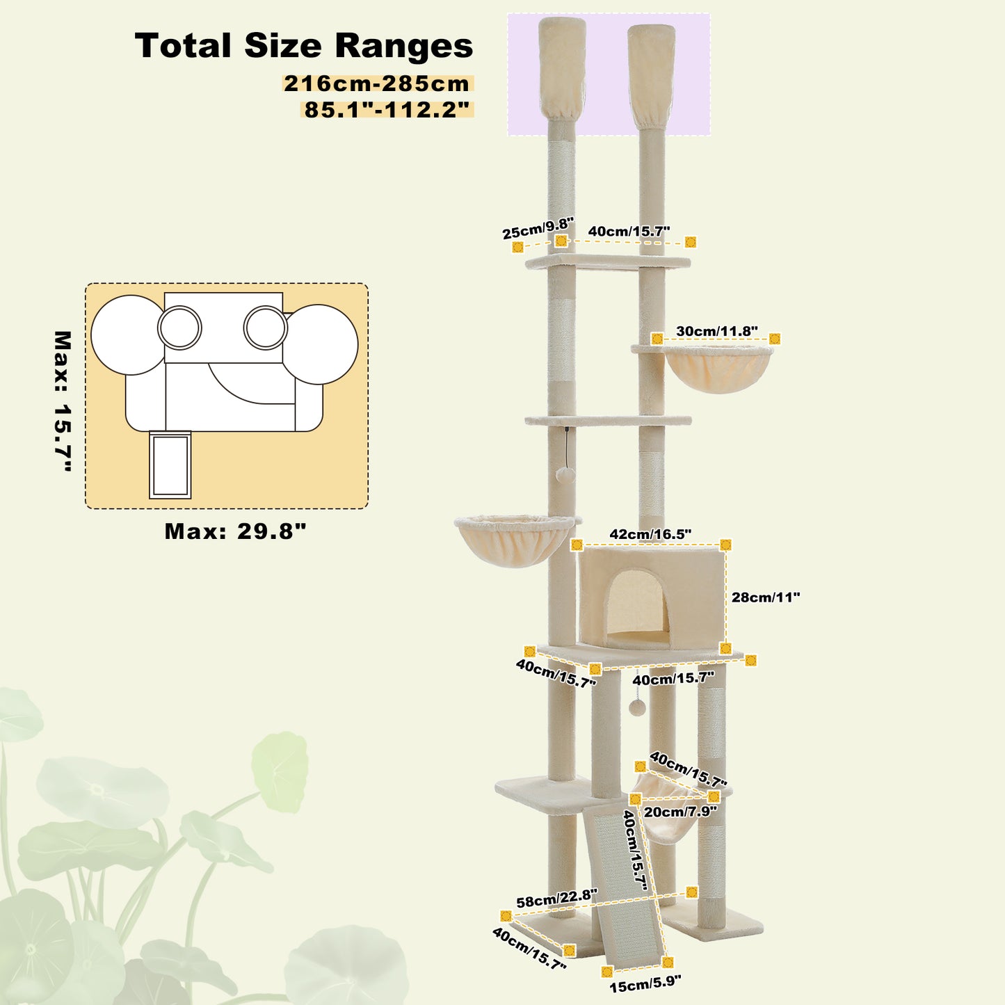 PAWZ Road Cactus Cat Tree – Ceiling-high scratching post with adjustable height (215-285 cm) | 7-tier climbing center | with hammocks | 5 platforms | sisal scratching posts