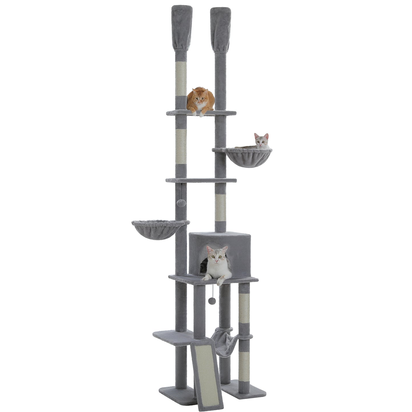 PAWZ Road Kaktus-Arbre pour chats – Arbre à gratter haut sur le mur avec hauteur réglable (215-285 cm), centre d'escalade à 7 niveaux avec hamacs douillets, 5 plateformes et poteaux à gratter pour chats d'appartement