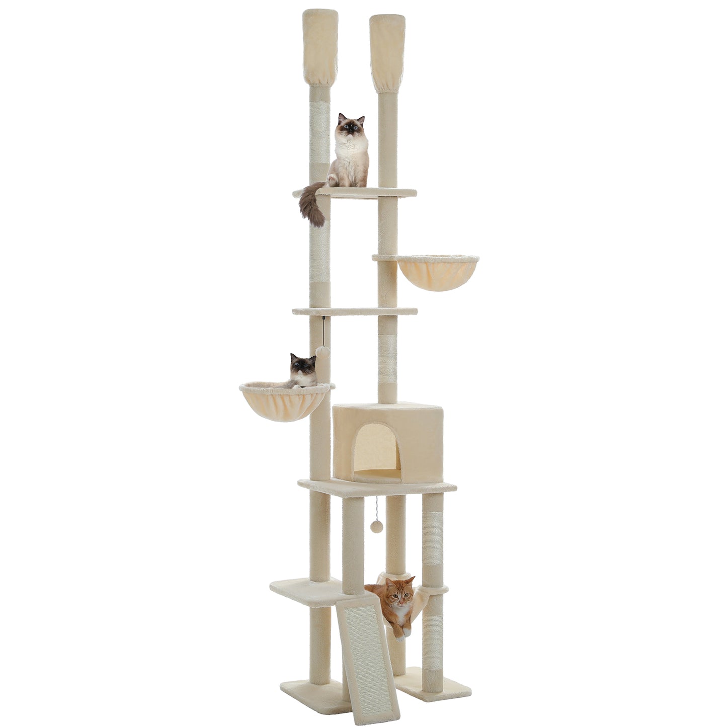 PAWZ Road Kaktus-Arbre pour chats – Arbre à gratter haut sur le mur avec hauteur réglable (215-285 cm), centre d'escalade à 7 niveaux avec hamacs douillets, 5 plateformes et poteaux à gratter pour chats d'appartement