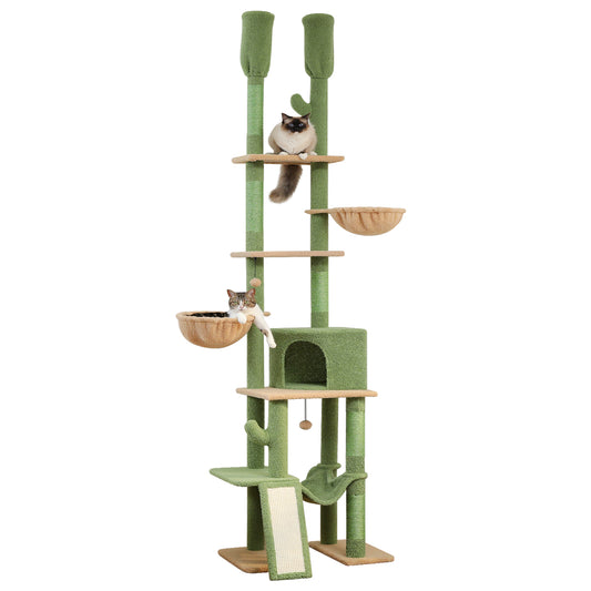 PAWZ Road Kaktus-Katzenbaum Deckenhoher Kratzbaum mit verstellbarer H?he (215-285 cm) | 7-Etagen Kletterzentrum | mit H?ngematten | 5 Plattformen | Sisal-Kratzs?ulen