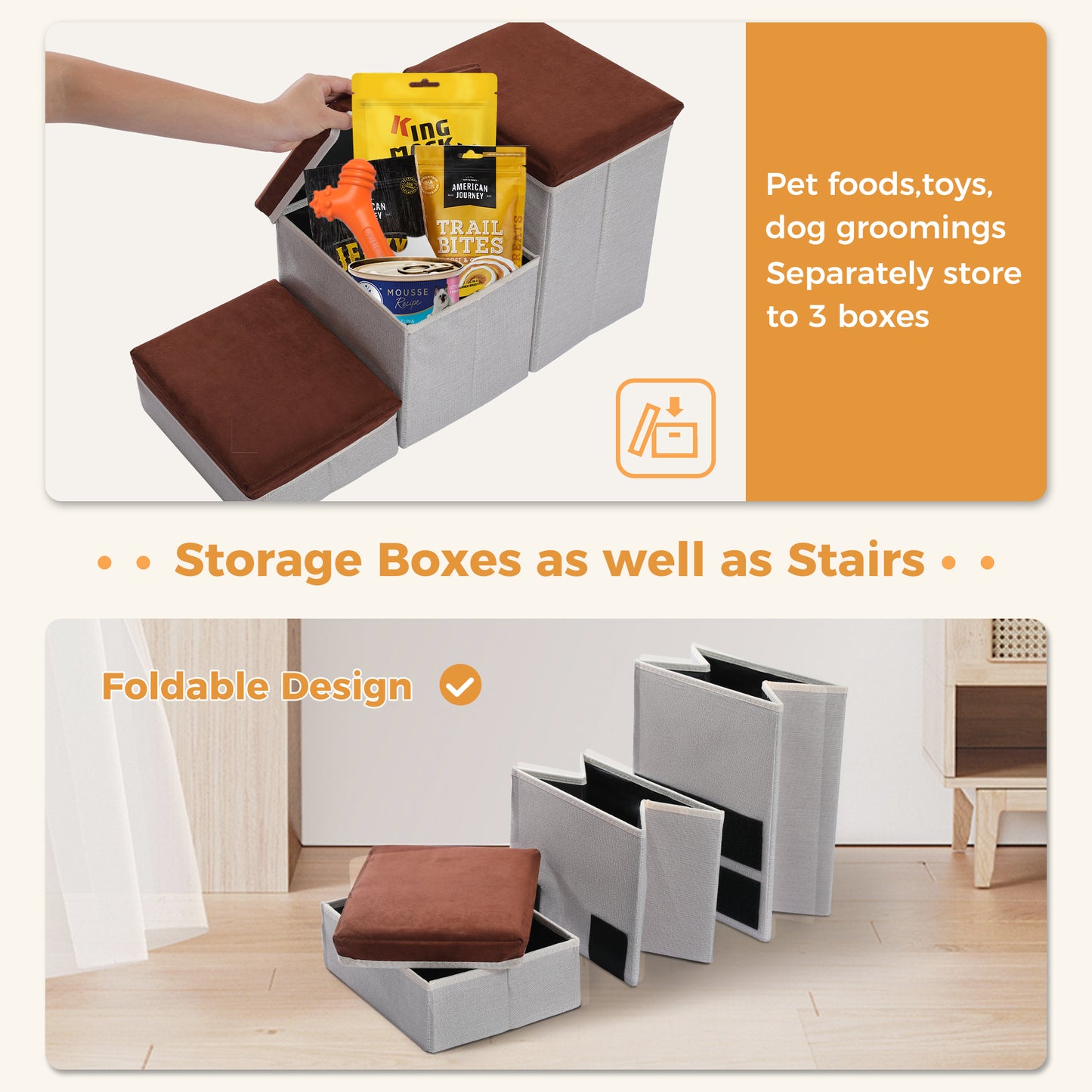 PETEPELA escaleras para perros con 3 compartimentos de almacenamiento – Plegable | escalera de seguridad antideslizante para perros y gatos | 3 niveles