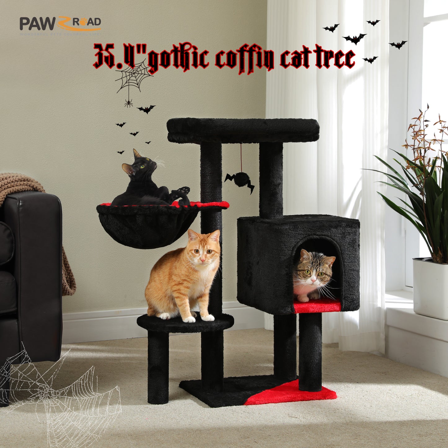 Arbre à gratter cactus 90 cm – Arbre à chat de taille moyenne avec poteau à gratter en sisal, maison pour chats d'appartement, grande plateforme panoramique rembourrée, hamac confortable et 2 balles de jeu pour chats de petite à moyenne taille