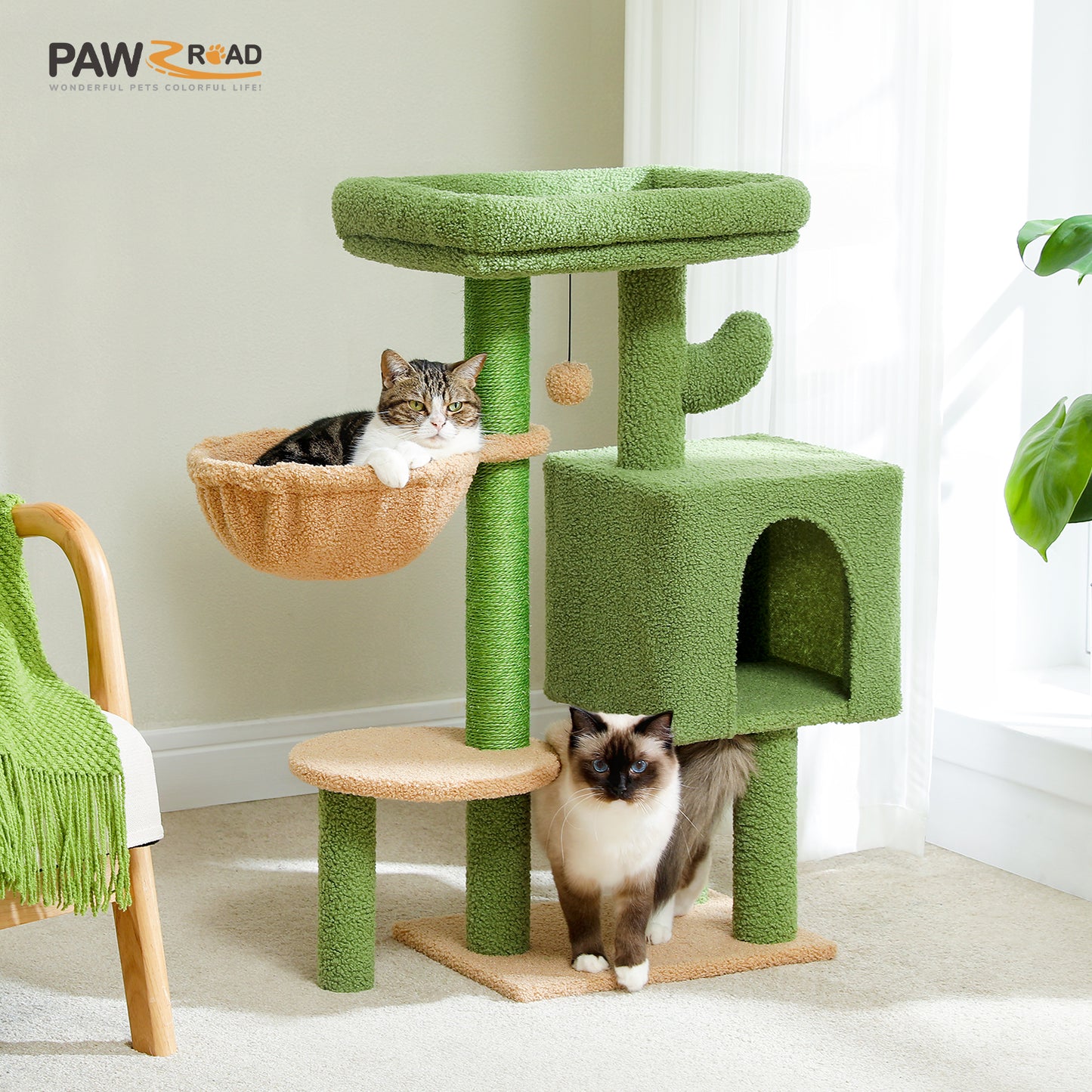 Arbre à gratter cactus 90 cm – Arbre à chat de taille moyenne avec poteau à gratter en sisal, maison pour chats d'appartement, grande plateforme panoramique rembourrée, hamac confortable et 2 balles de jeu pour chats de petite à moyenne taille