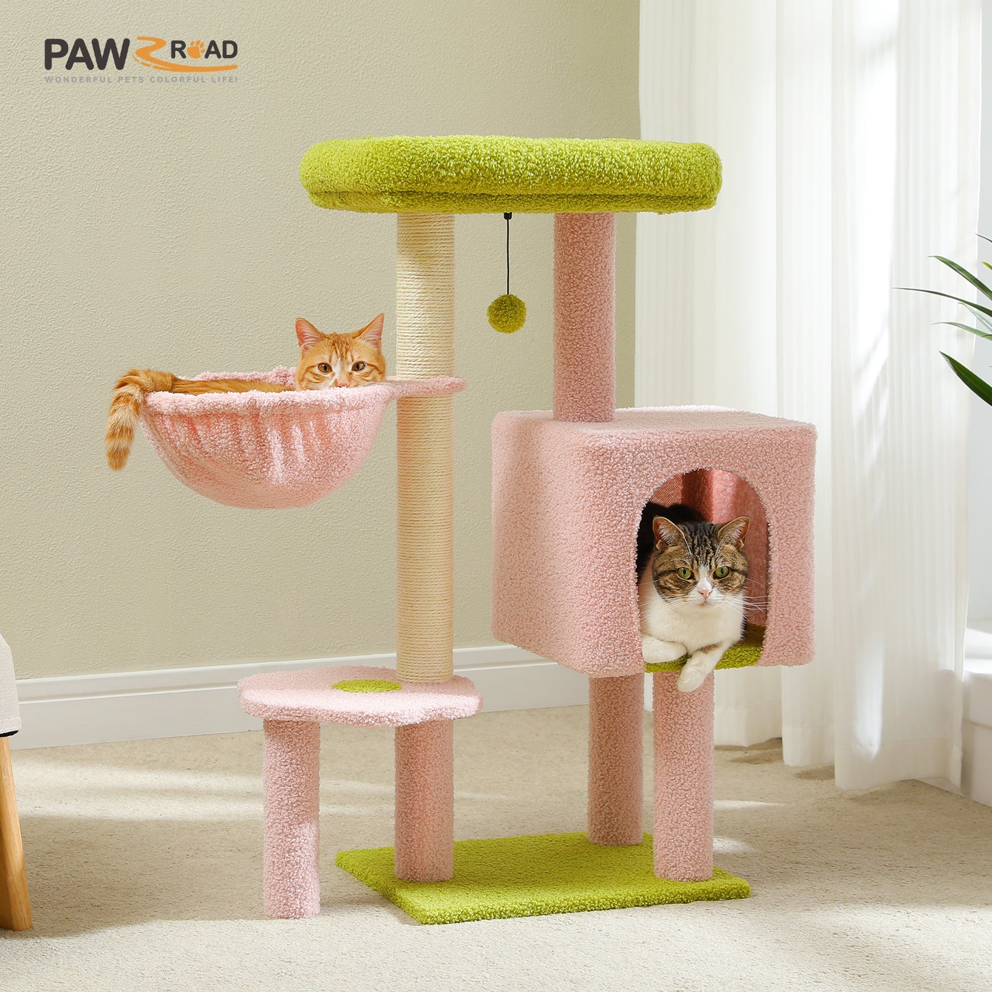 Arbre à gratter cactus 90 cm – Arbre à chat de taille moyenne avec poteau à gratter en sisal, maison pour chats d'appartement, grande plateforme panoramique rembourrée, hamac confortable et 2 balles de jeu pour chats de petite à moyenne taille