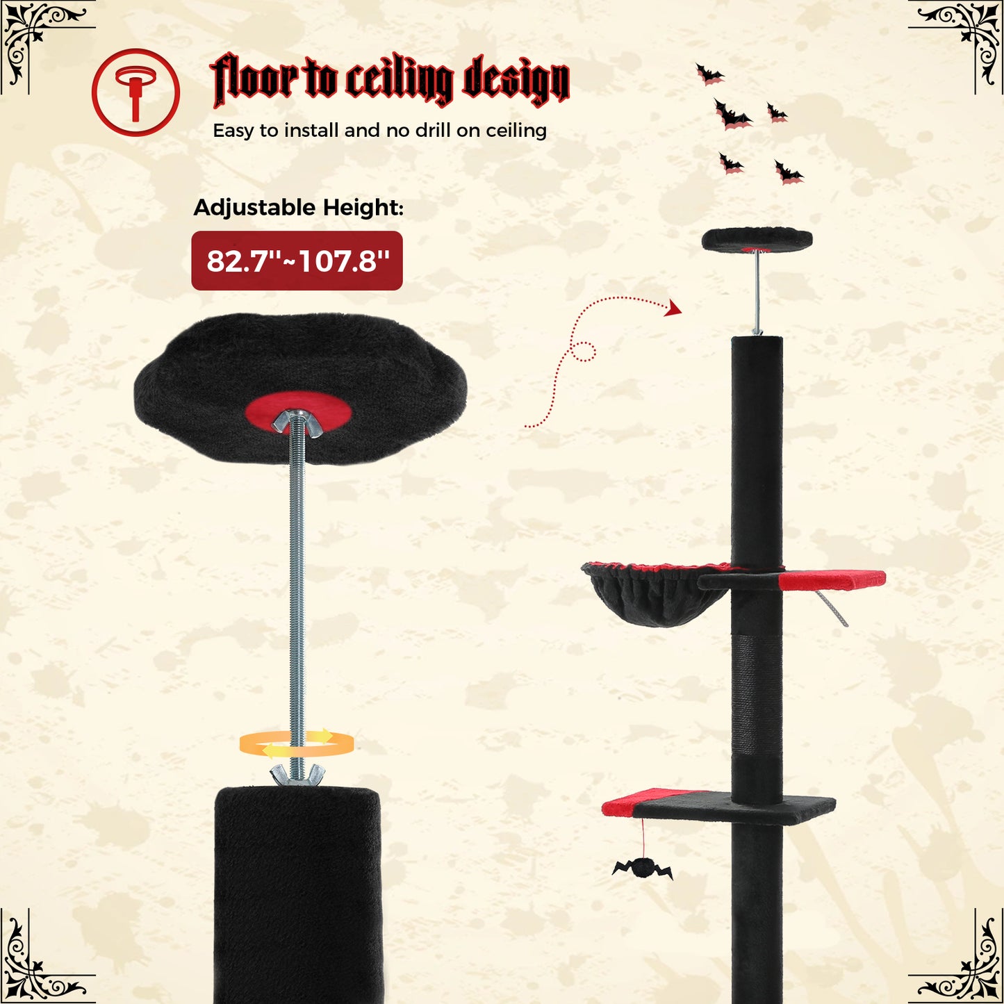 PAWZ Road Arbre à chats Cactus du sol au plafond avec hauteur réglable de 216 cm à 273 cm, Tour pour chats offrant un espace d'activité spacieux avec hamac et une cabane pour chats, ceinture anti-chute