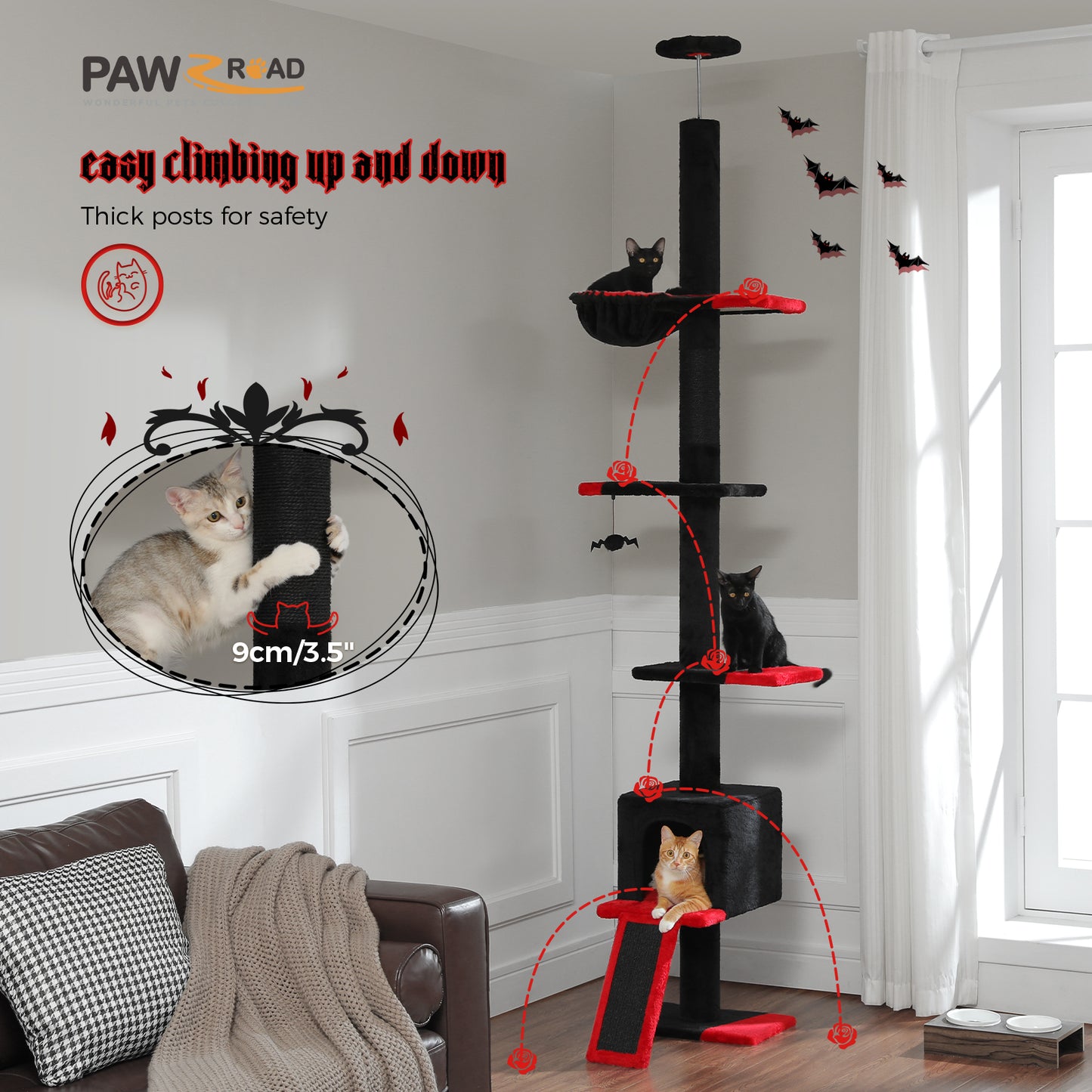 PAWZ Road Arbre à chats Cactus du sol au plafond avec hauteur réglable de 216 cm à 273 cm, Tour pour chats offrant un espace d'activité spacieux avec hamac et une cabane pour chats, ceinture anti-chute