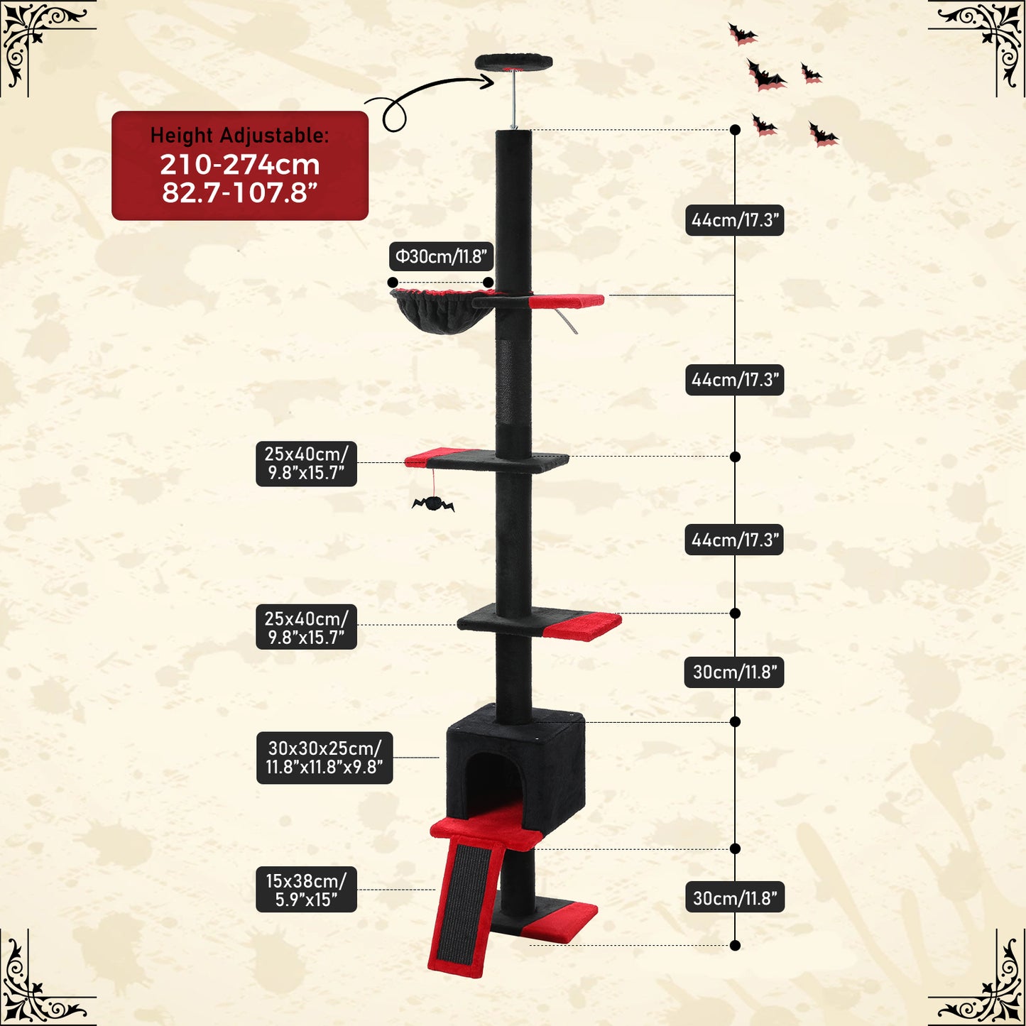 PAWZ Road Arbre à chats Cactus du sol au plafond avec hauteur réglable de 216 cm à 273 cm, Tour pour chats offrant un espace d'activité spacieux avec hamac et une cabane pour chats, ceinture anti-chute