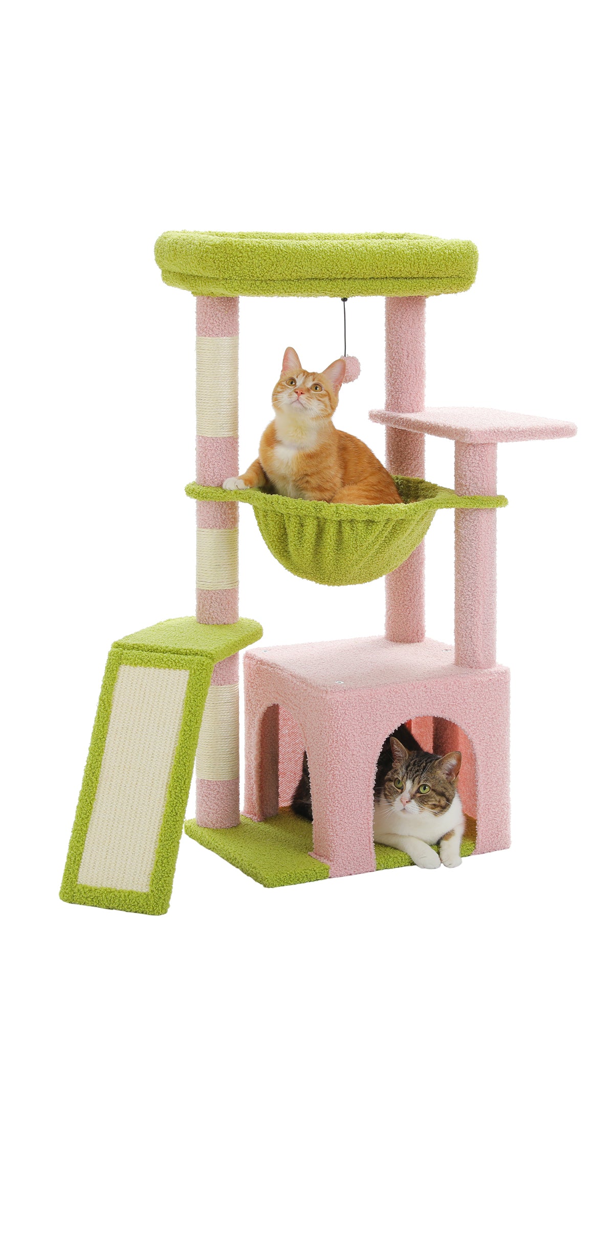 PAWZ Road Indoor-Katzenbaum | 90 cm grüner Kratzturm | mit geräumigem Schlafhaus | 1 Sisal-Ebene | 3 Kratzsäulen | XXL-Hängematte & Aussichtsplattform