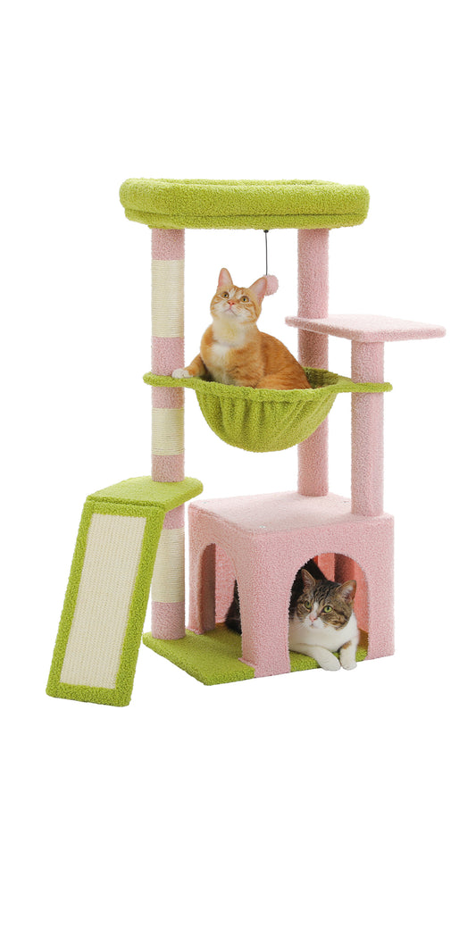 PAWZ Road Indoor-Katzenbaum | 90 cm gr¨¹ner Kratzturm | mit ger?umigem Schlafhaus | 1 Sisal-Ebene | 3 Kratzs?ulen | XXL-H?ngematte & Aussichtsplattform