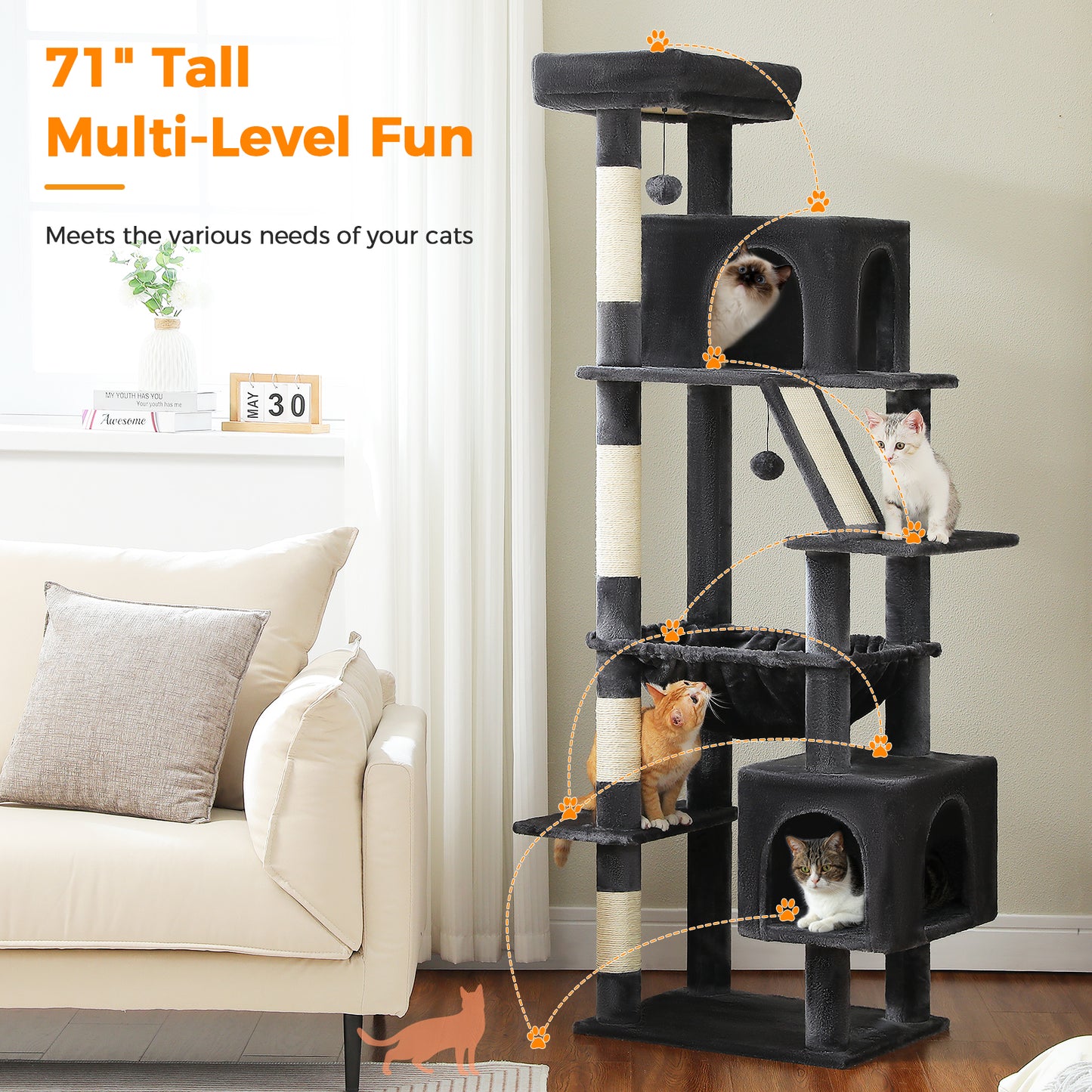 Tiragraffi PAWZ Road Grande per Gatti di Taglia Grande | Torre per Gatti Robusta con Amaca XXL | 4 Tiragraffi in Sisal e 2 Spaziose Casette | Ideale per Gatti Maine Coon | Altezza 180 cm