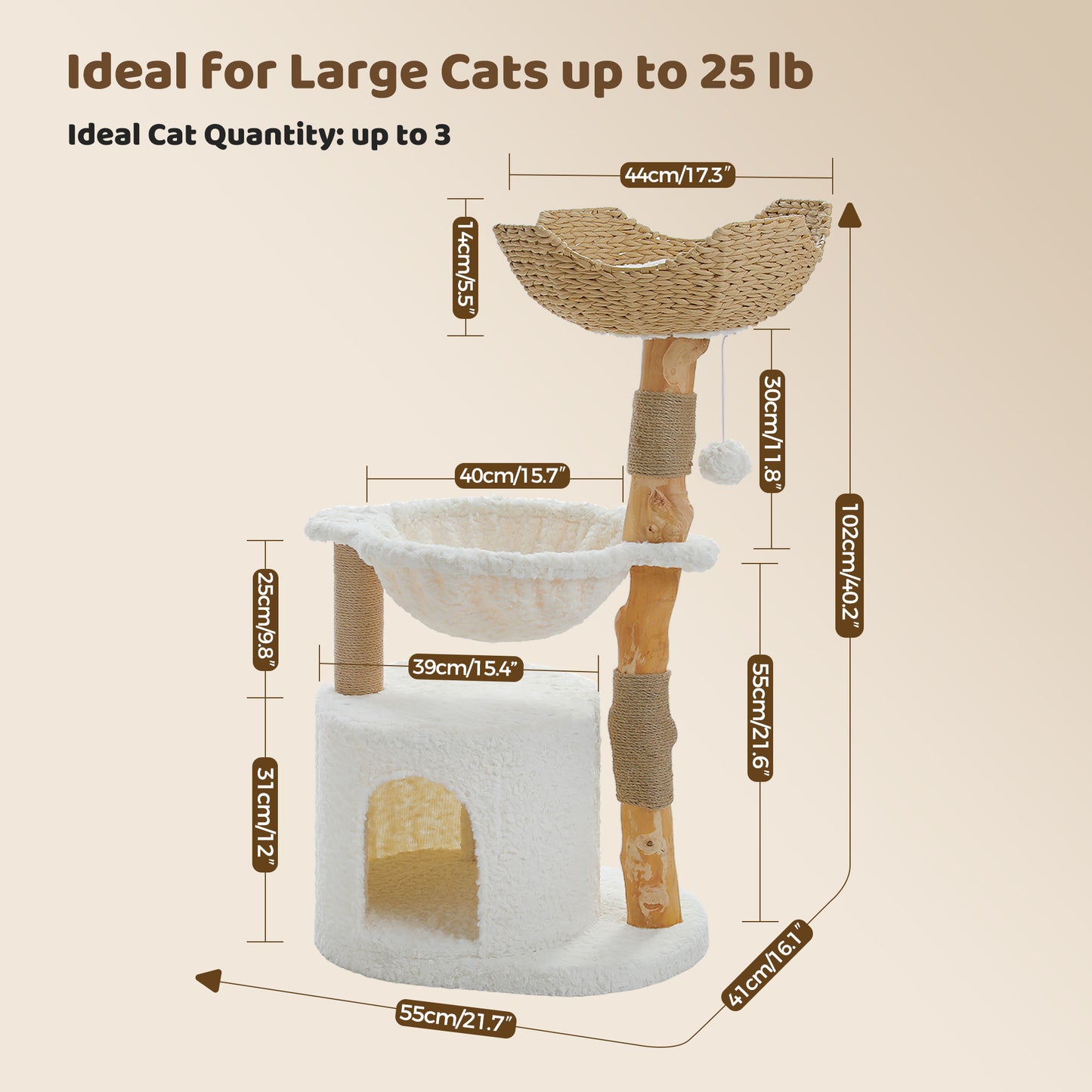 PAWZ Road Rascador Moderno | Torre para Gatos de 100 cm de Madera Maciza | Diseño Minimalista Blanco | Con Poste de Rascado de Sisal