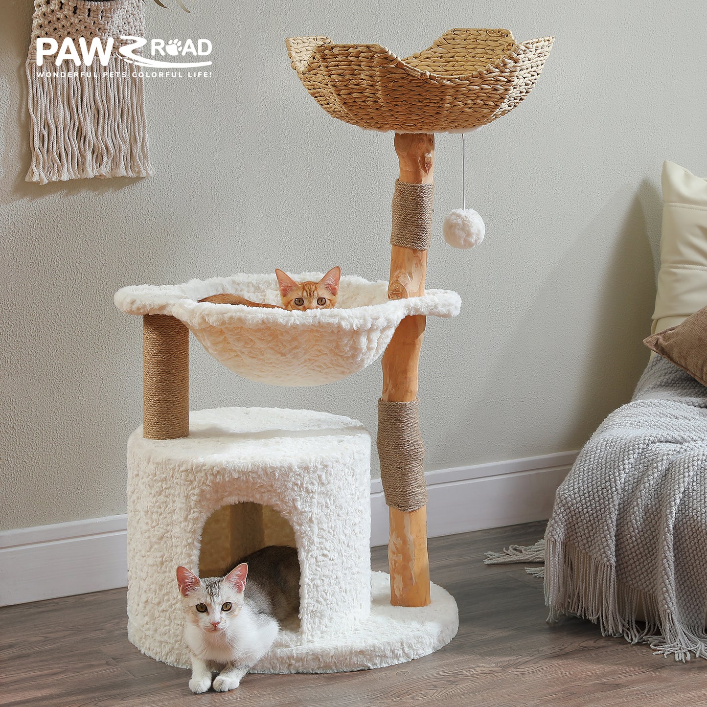 PAWZ Road Rascador Moderno | Torre para Gatos de 100 cm de Madera Maciza | Diseño Minimalista Blanco | Con Poste de Rascado de Sisal