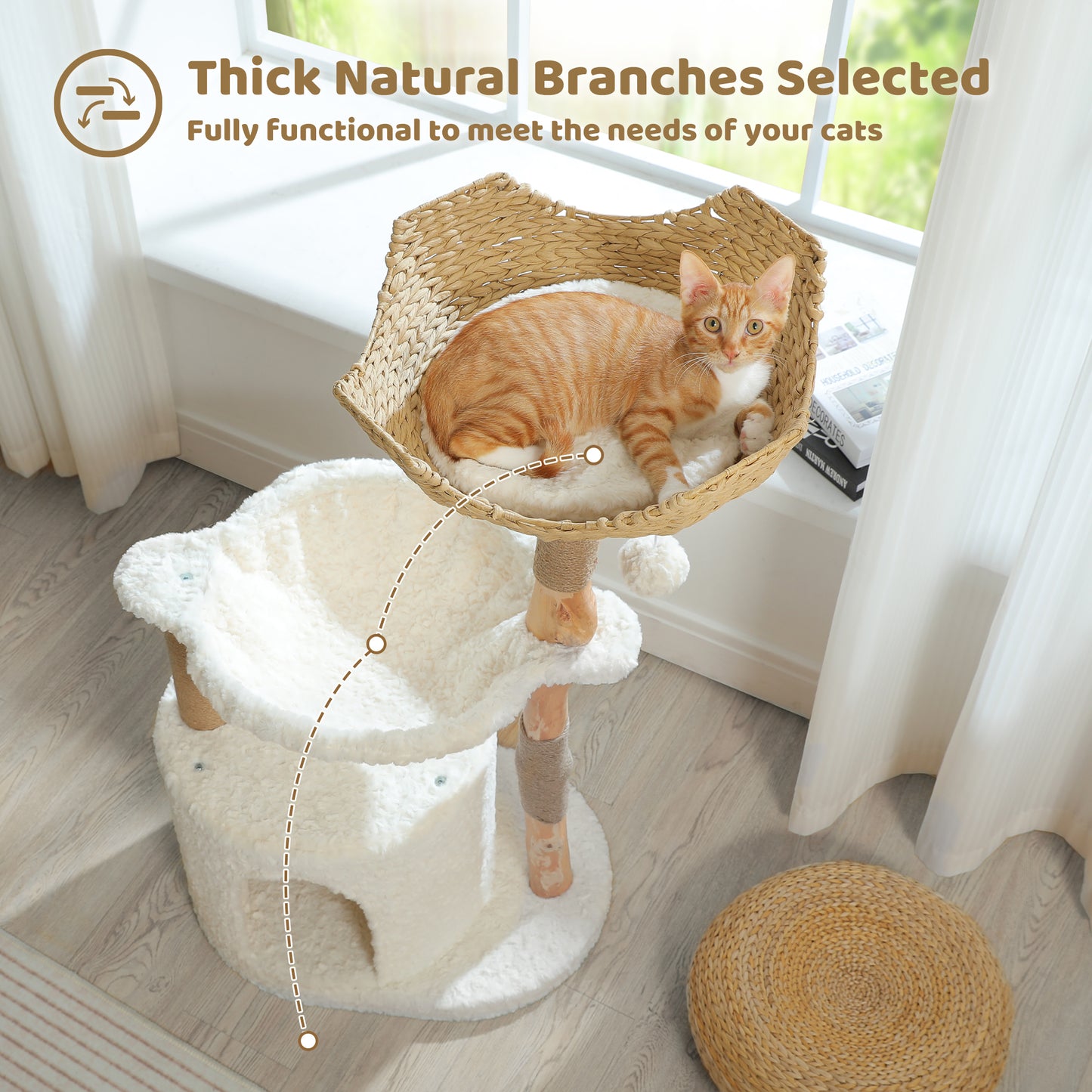 PAWZ Road Rascador Moderno | Torre para Gatos de 100 cm de Madera Maciza | Diseño Minimalista Blanco | Con Poste de Rascado de Sisal