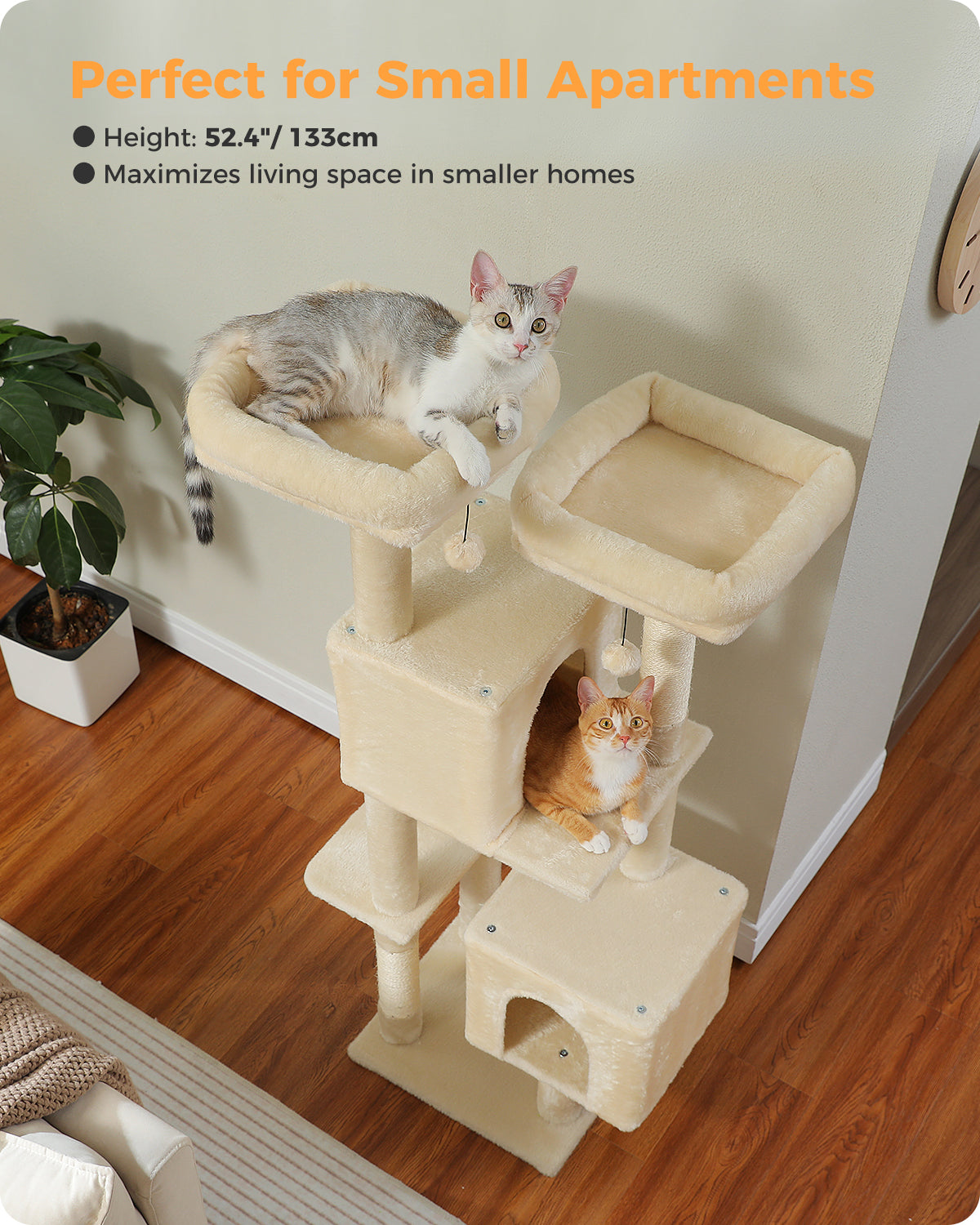 PAWZ Road XXL-Rascador | Torre para gatos de 180 cm para apartamentos | Con columnas para rascar, casa para dormir y plataforma de observación de varios niveles