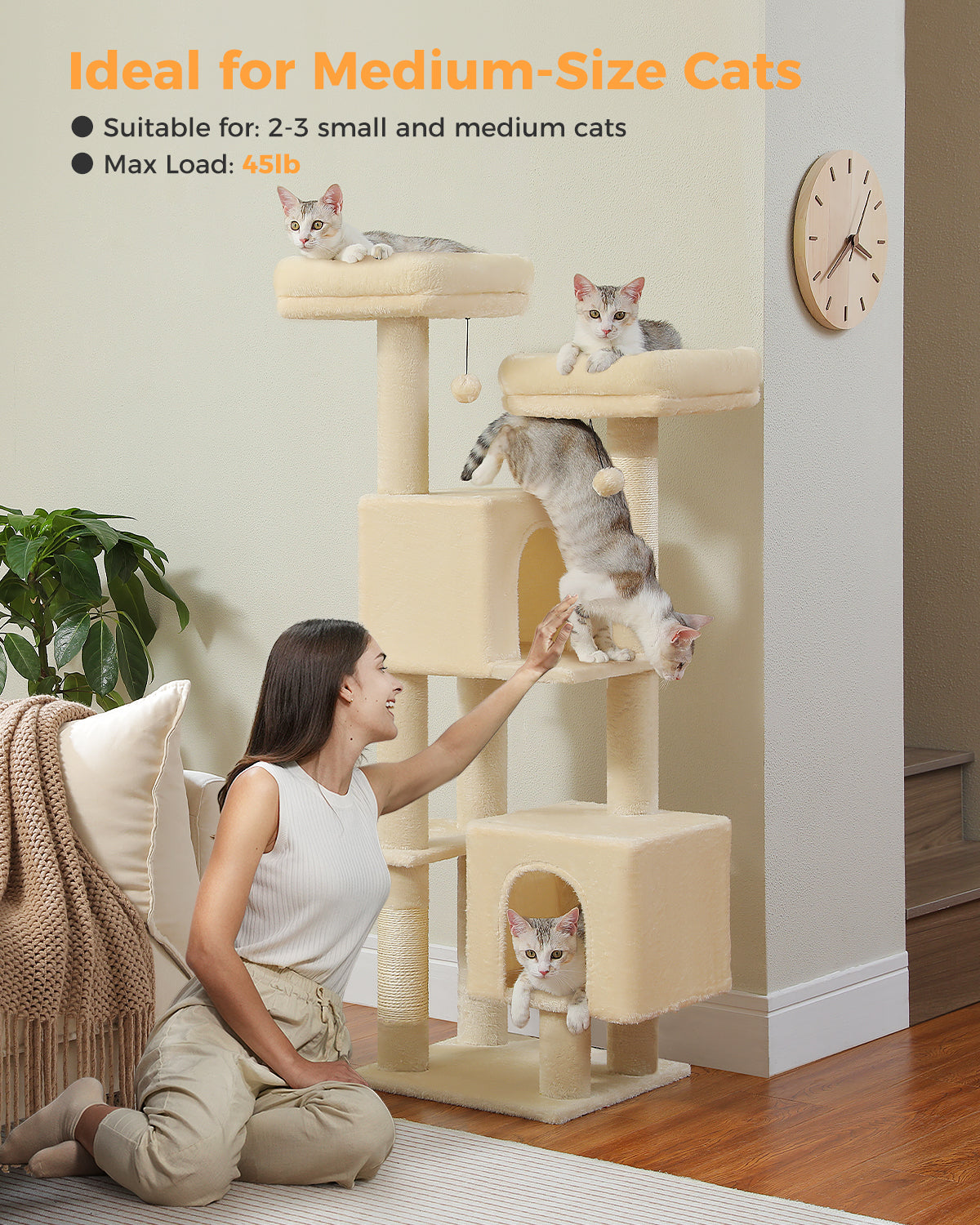 PAWZ Road XXL-Rascador | Torre para gatos de 180 cm para apartamentos | Con columnas para rascar, casa para dormir y plataforma de observación de varios niveles