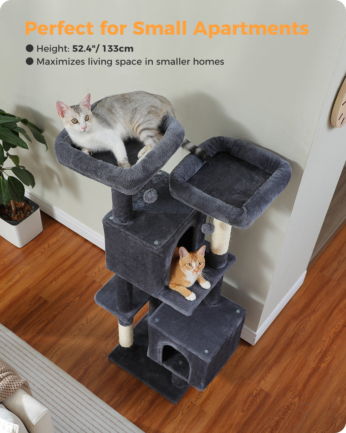 PAWZ Road XXL-Rascador | Torre para gatos de 180 cm para apartamentos | Con columnas para rascar, casa para dormir y plataforma de observación de varios niveles
