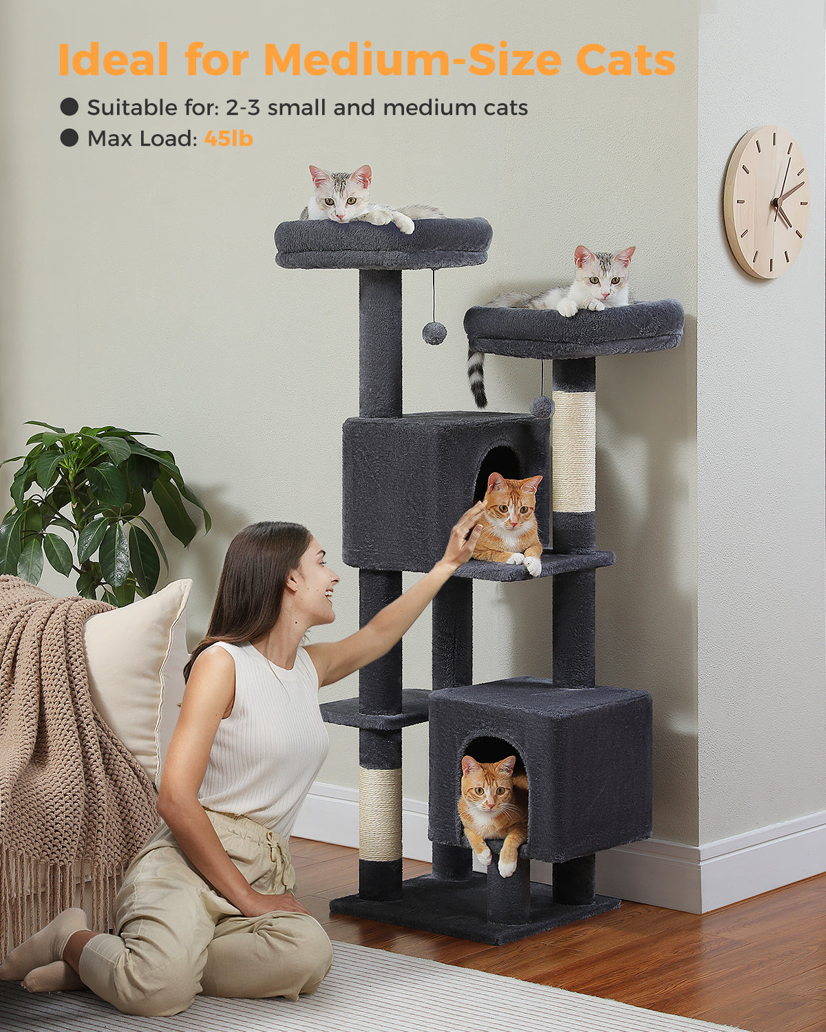 PAWZ Road XXL-Rascador | Torre para gatos de 180 cm para apartamentos | Con columnas para rascar, casa para dormir y plataforma de observación de varios niveles