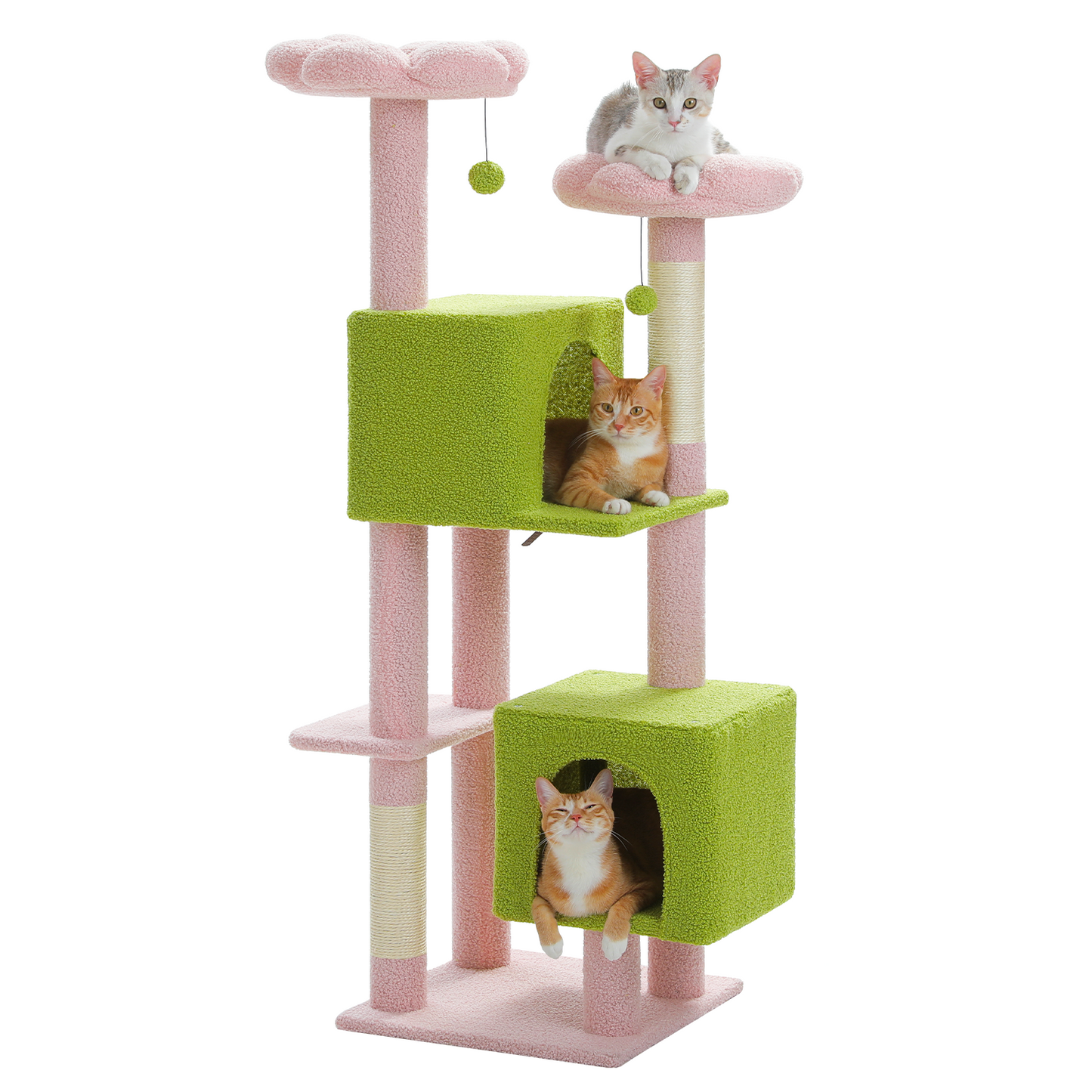 PAWZ Road Kratzbaum, 133 cm mehrstufiger Katzenbaum für Wohnungskatzen, plüschiges Katzenhaus mit 2 gepolsterten Liegeflächen, 2 Schlafhäusern & 2 Kratzpfeilern