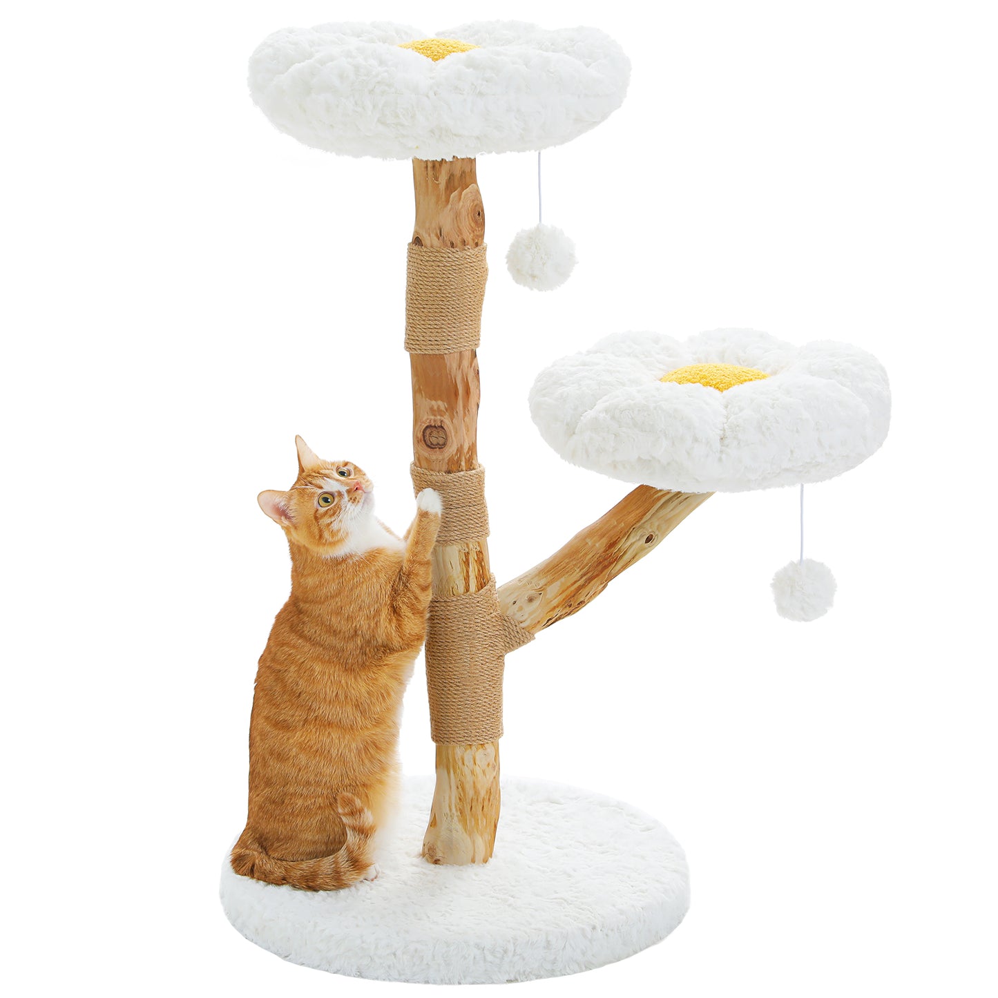Arbre à gratter fleuri moderne en bois – Tour de chat bohème luxueuse avec branches en bois naturel, colonne à gratter et 2 plateformes. Parfait pour les chats d'appartement. Design en blanc nuage.