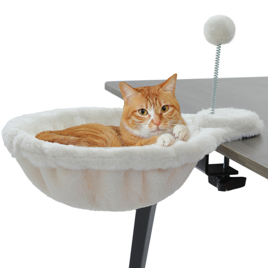 PAWZ Road Katzenbett für den Schreibtisch | mit interaktivem Plüschball | 35 cm Durchmesser | platzsparendes Katzen-Schreibtischbett | weiße Katzenhängematte für Tisch | bis zu 22 kg belastbar