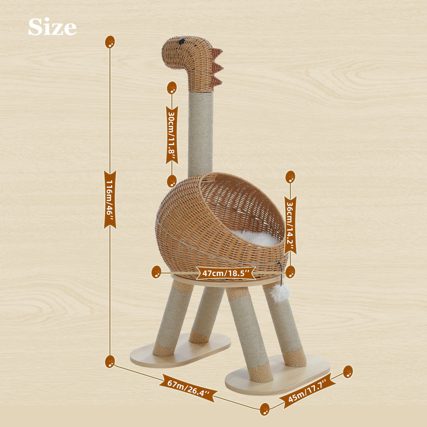 XXL Kratzbaum mit Rattan-Höhle & Sisal-Pfosten | 116cm hohe Dreiecksbasis für große Katzen
