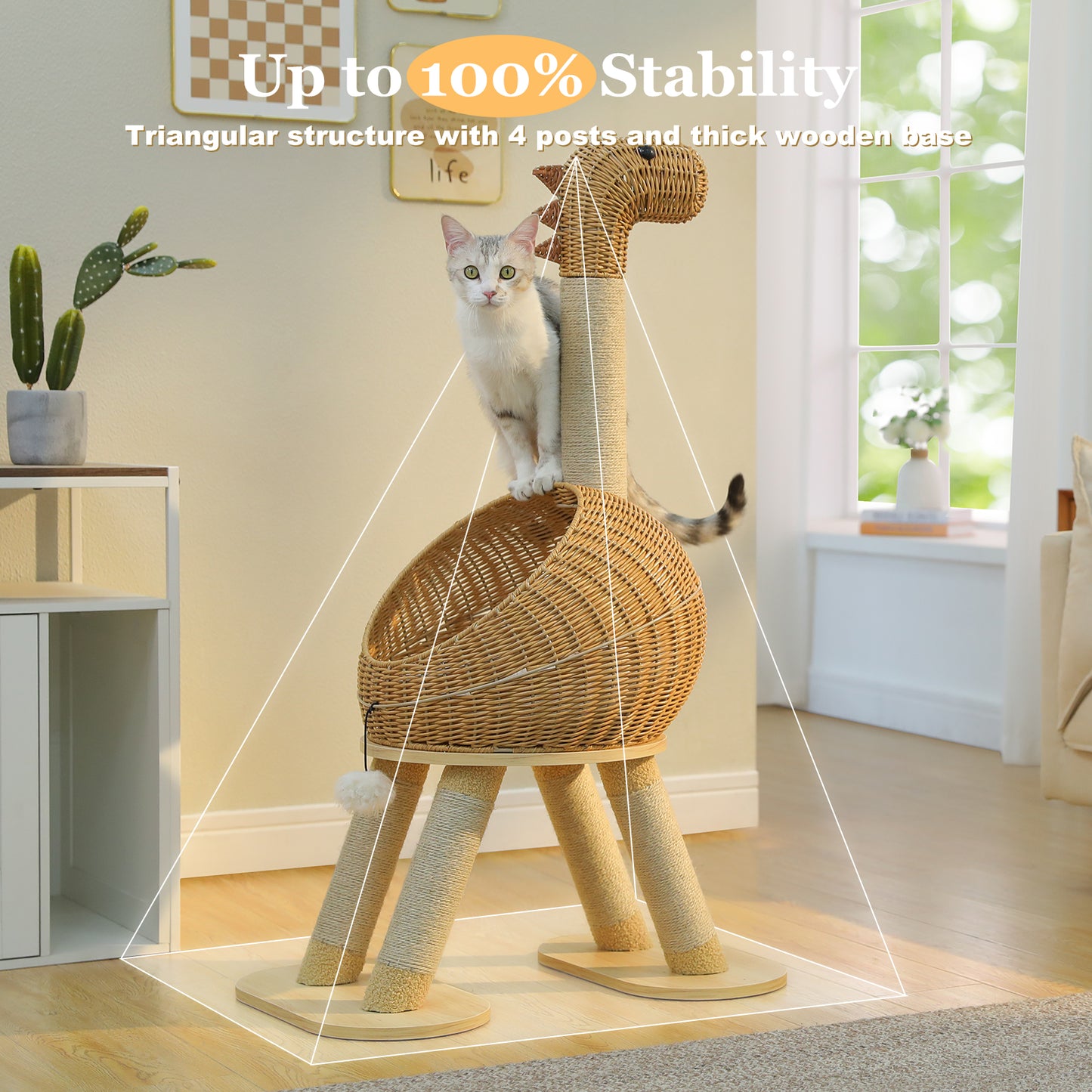 XXL Kratzbaum mit Rattan-Höhle & Sisal-Pfosten | 116cm hohe Dreiecksbasis für große Katzen