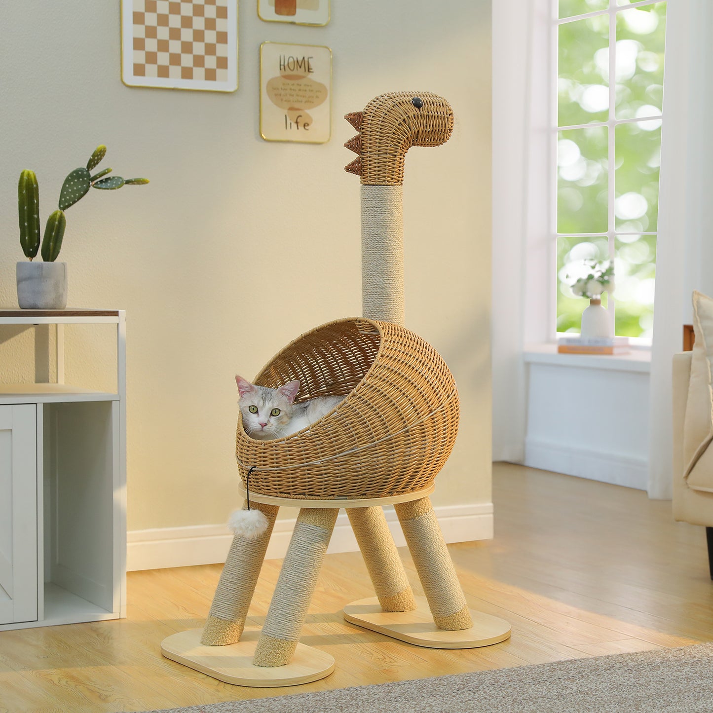 XXL Kratzbaum mit Rattan-Höhle & Sisal-Pfosten | 116cm hohe Dreiecksbasis für große Katzen