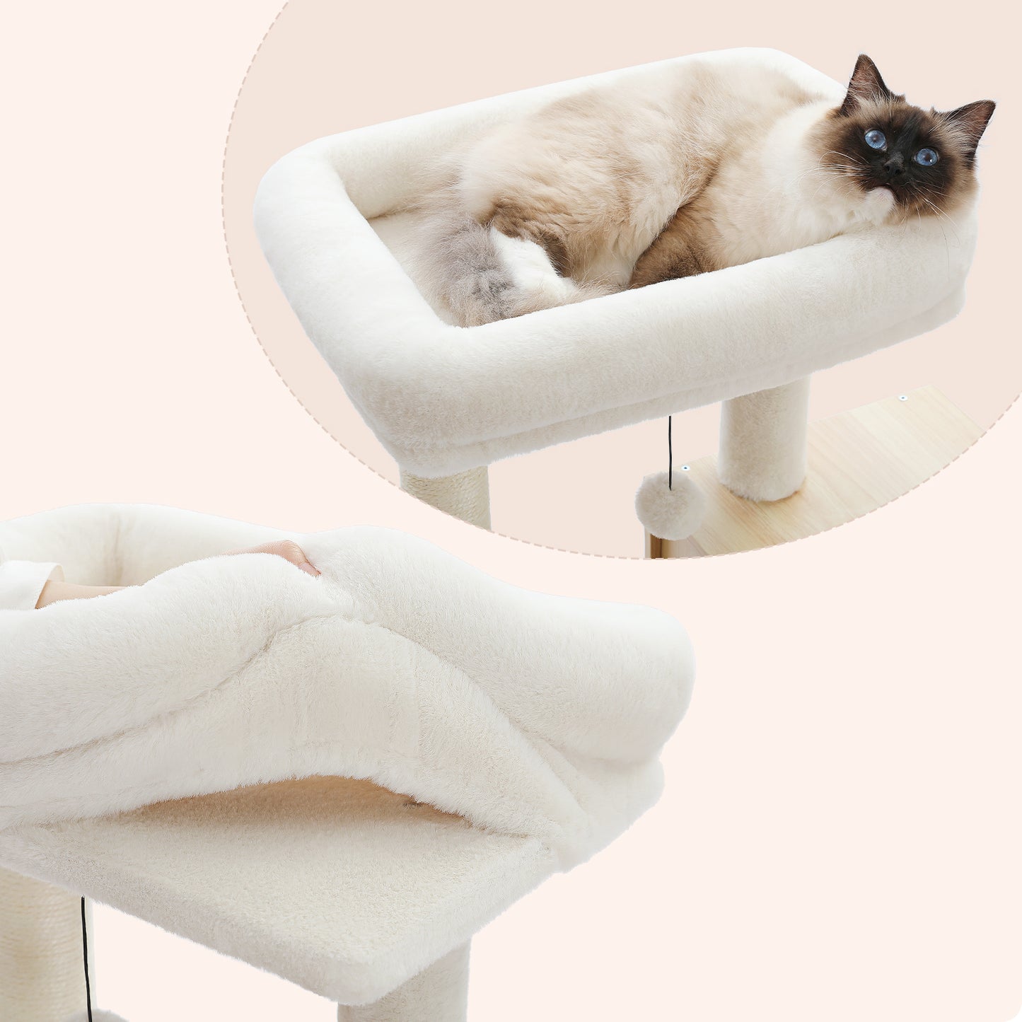 PETEPELA Arbre à chats en bois pour chats d'appartement - Tour à plusieurs niveaux avec poteaux de grattage en sisal, maison de repos confortable, hamac XXL et plateformes douillettes en pelage de lapin en tissu (beige)