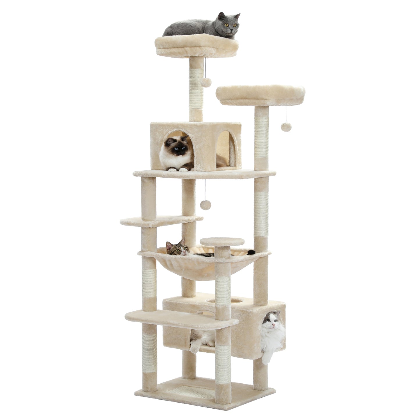 PAWZ Road Arbre à gratter, 136 cm de haut | avec hamac spacieux | maison de repos et poteau à gratter | deux plateformes rembourrées | maison pour chats adaptée aux chats d'appartement de grande taille