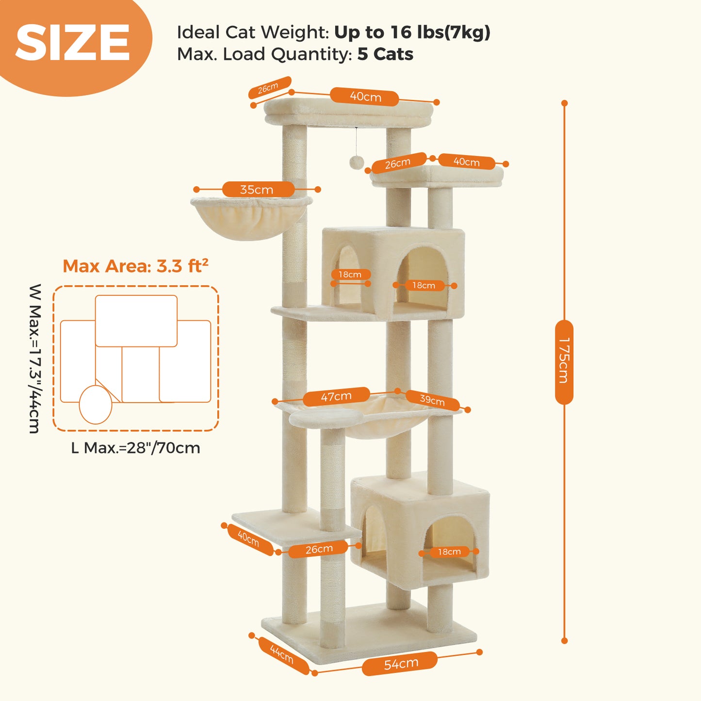PAWZ Road XXL-Rascador 175 cm para gatos de apartamento | Con gran hamaca | Torre para gatos adultos | Incl. poste rascador, casa de dormir y plataforma de observación
