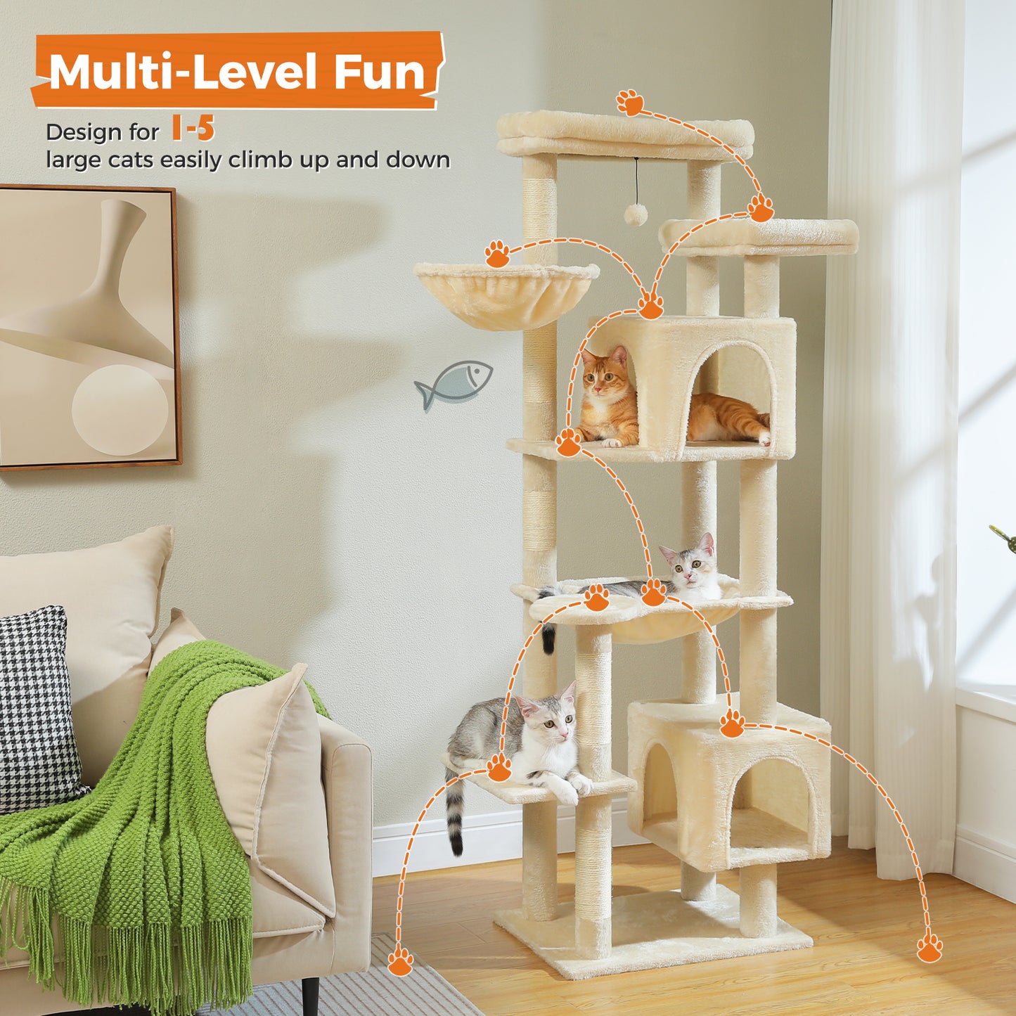 PAWZ Road XXL-Rascador 175 cm para gatos de apartamento | Con gran hamaca | Torre para gatos adultos | Incl. poste rascador, casa de dormir y plataforma de observación