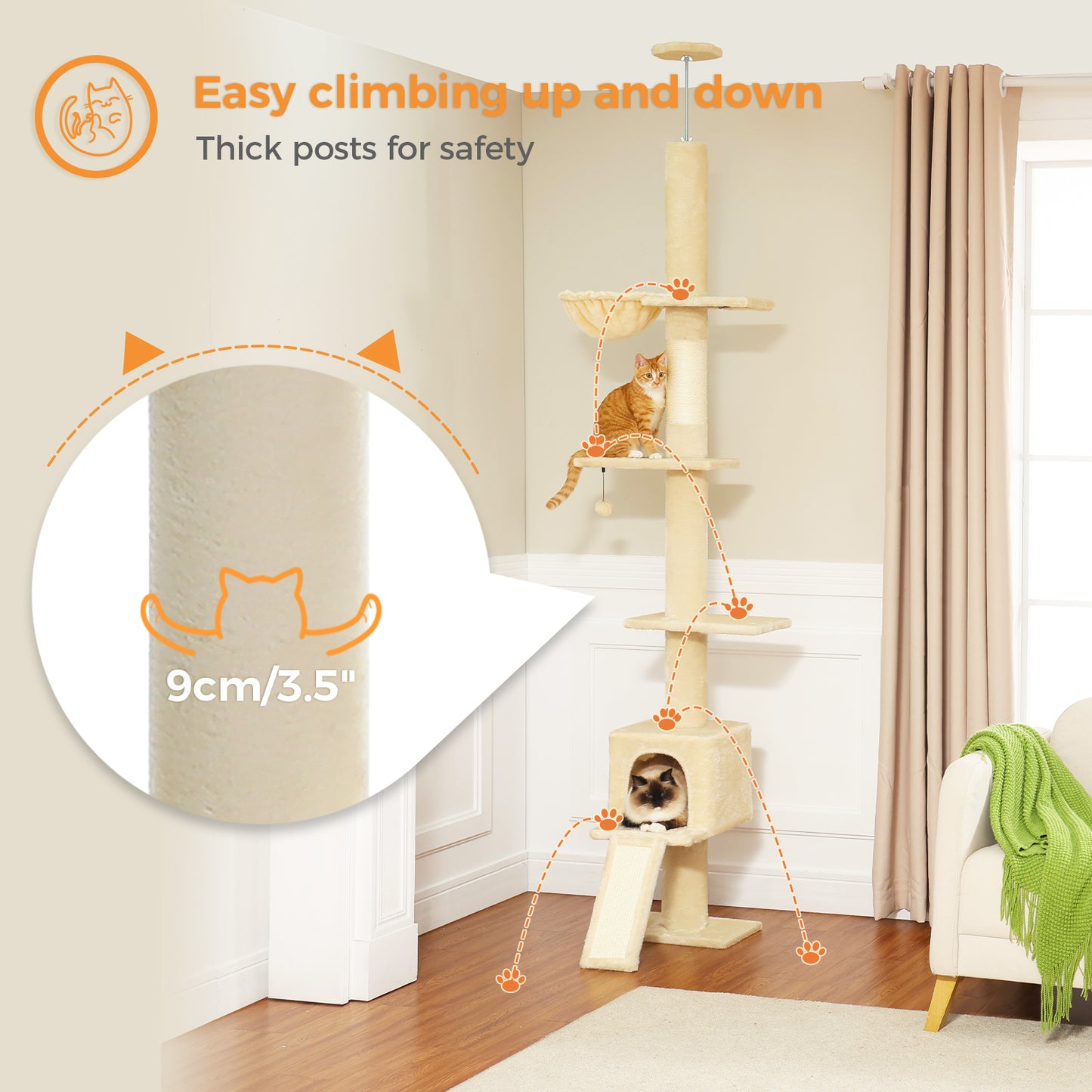 PAWZ Road Arbre à chats Cactus du sol au plafond avec hauteur réglable de 216 cm à 273 cm, Tour pour chats offrant un espace d'activité spacieux avec hamac et une cabane pour chats, ceinture anti-chute