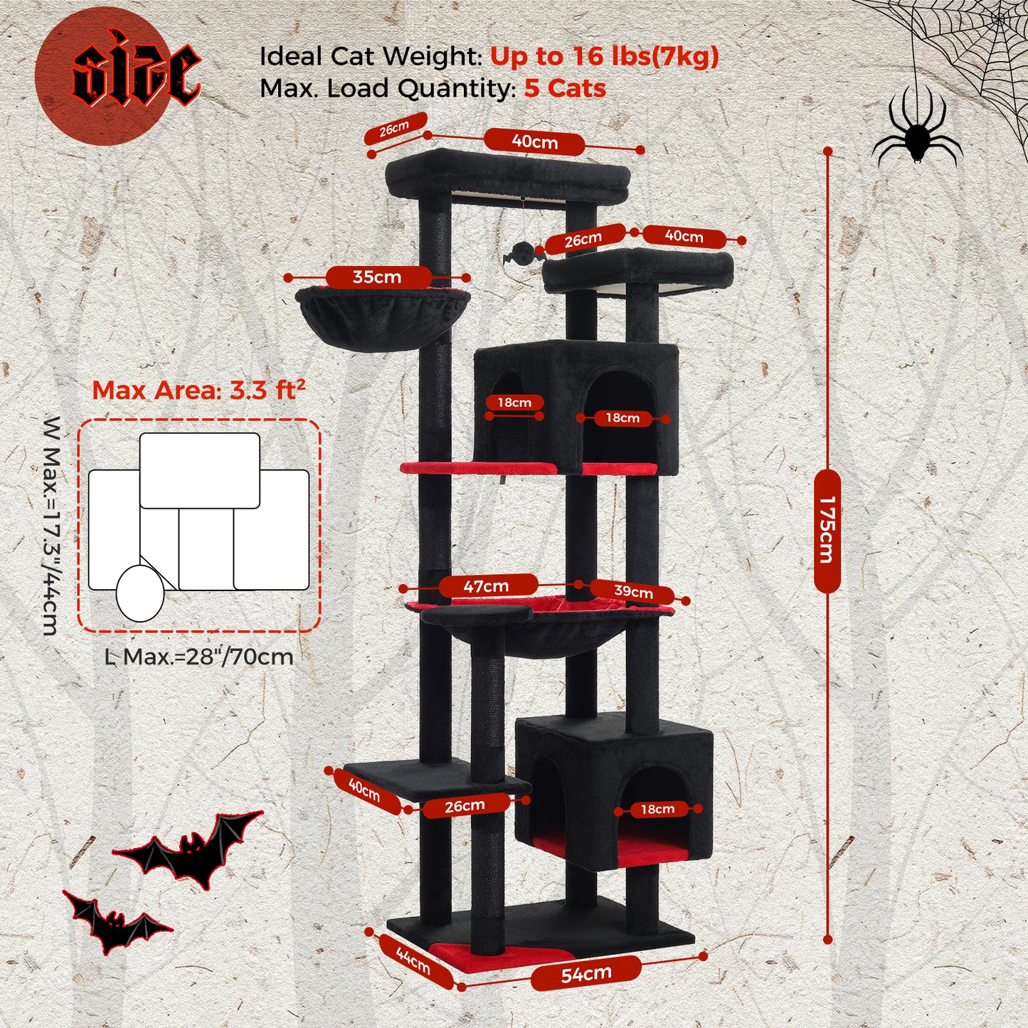 PAWZ Road XXL-Rascador 175 cm para gatos de apartamento | Con gran hamaca | Torre para gatos adultos | Incl. poste rascador, casa de dormir y plataforma de observación