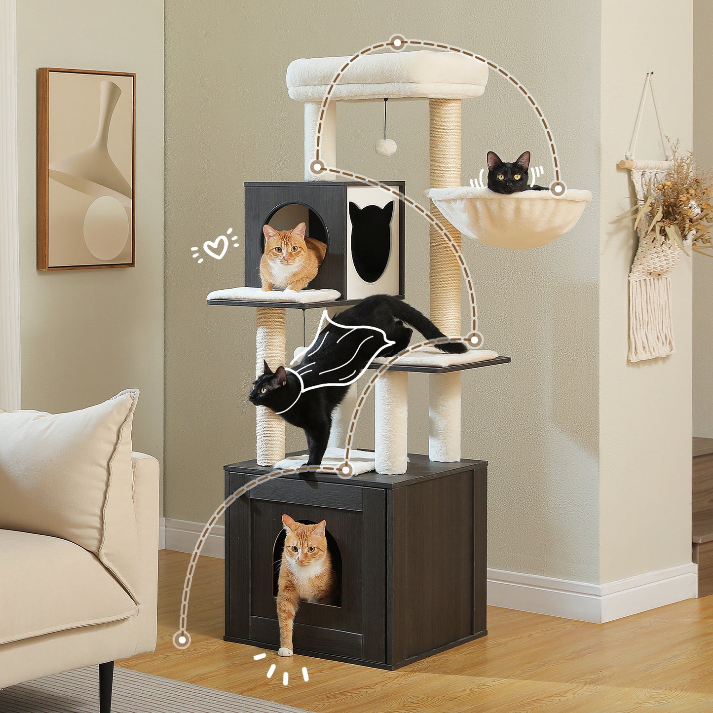 PAWZ Road Rascador Moderno para Gatos Grandes | Árbol para Gatos Premium con Casa de Sueño XXL | Altura Total 146 cm
