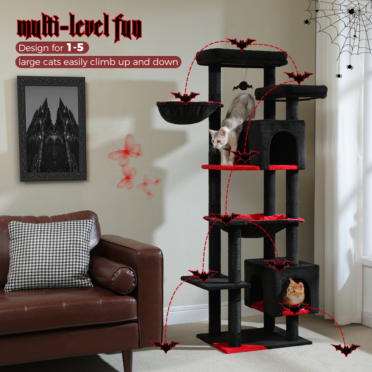 PAWZ Road XXL-Rascador 175 cm para gatos de apartamento | Con gran hamaca | Torre para gatos adultos | Incl. poste rascador, casa de dormir y plataforma de observación